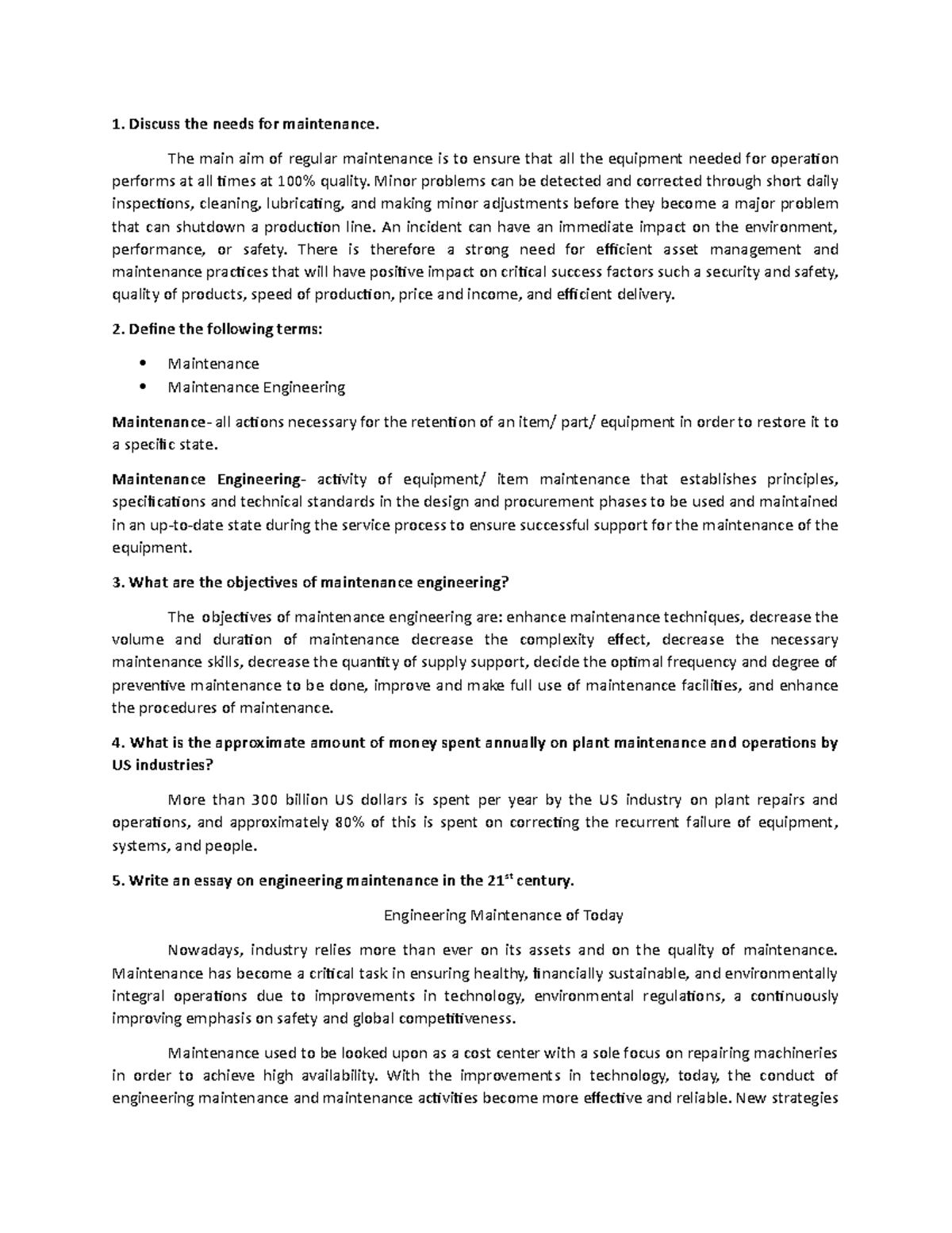 Engineering Maintenance a modern approach chapter 1 - 1. Discuss the ...