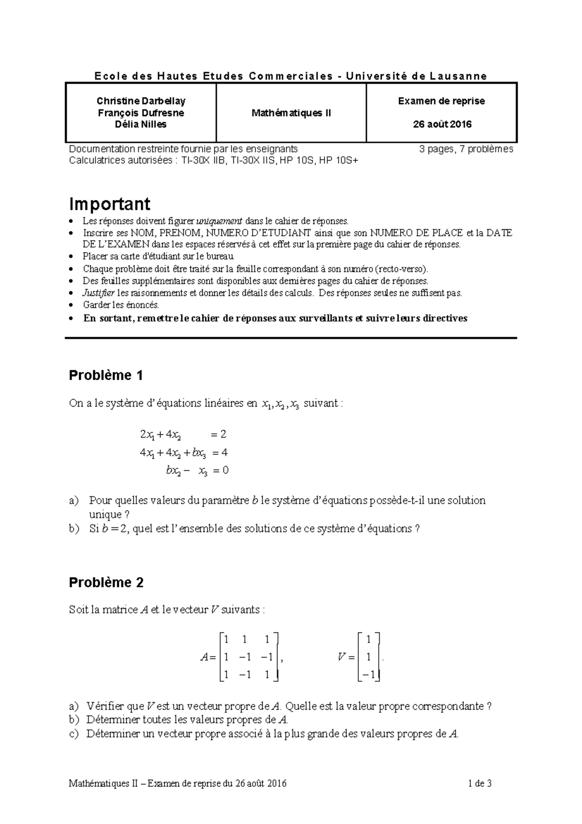 Examen Aout 16 Questions Ecole Des Hautes Etudes Commerciales Universite De Lausanne Studocu