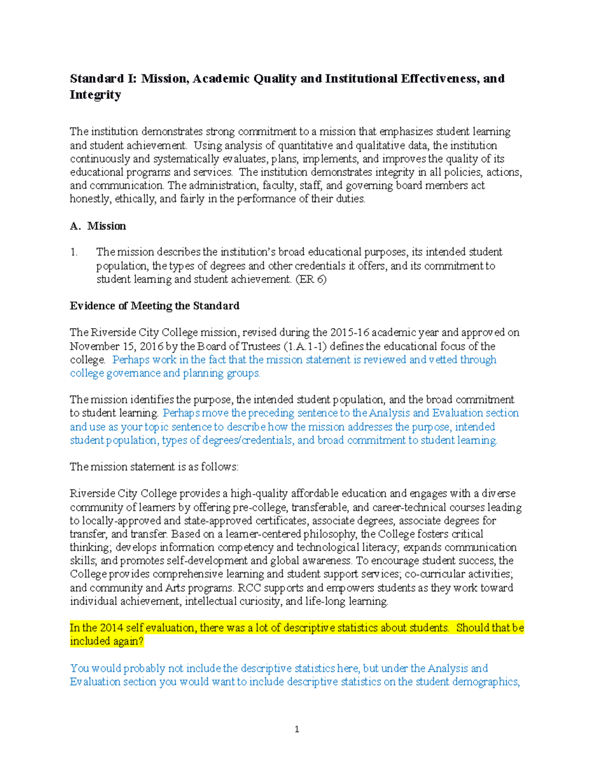 Standard I - Grade A+ - Standard I: Mission, Academic Quality and ...