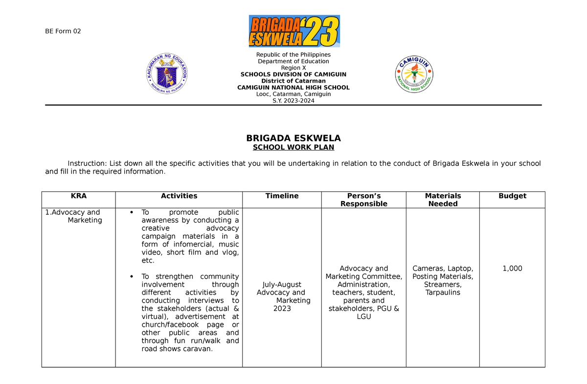 BE Form 2 School WORK PLAN BE Form 02 Republic Of The Philippines   Thumb 1200 785 