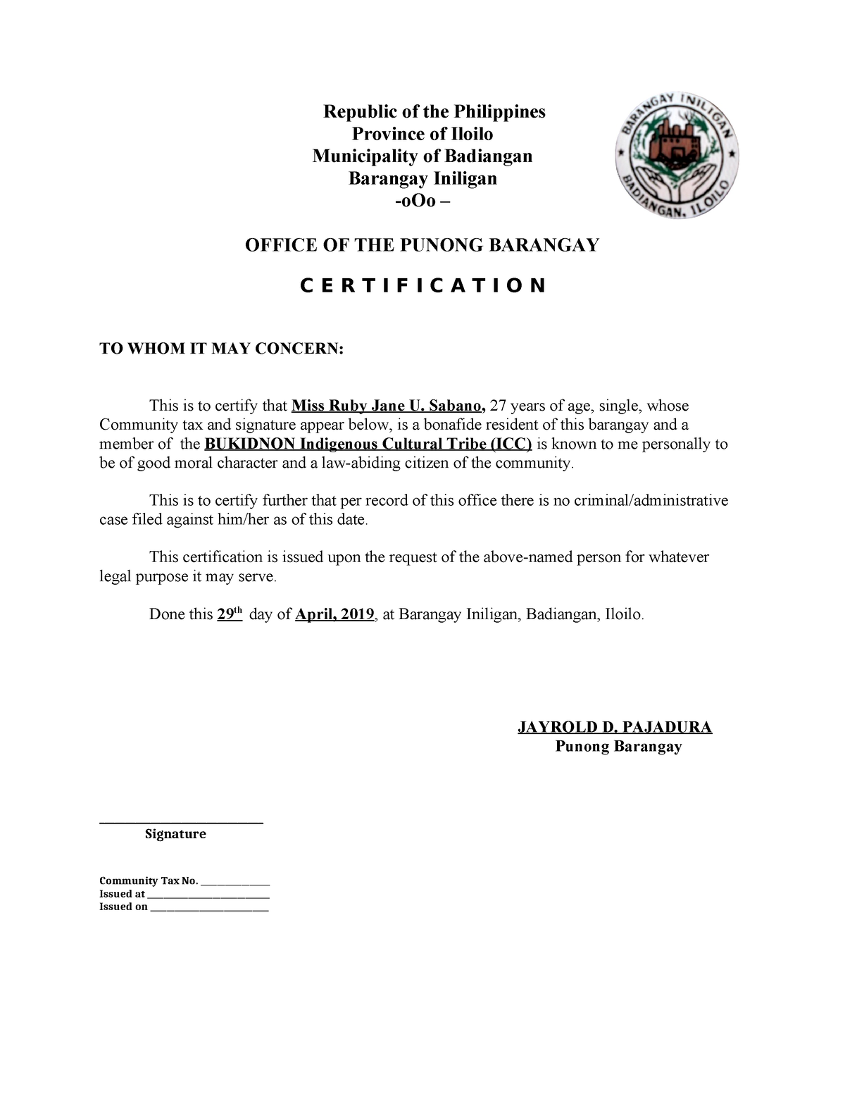 Certification of residency Andrei - Republic of the Philippines ...