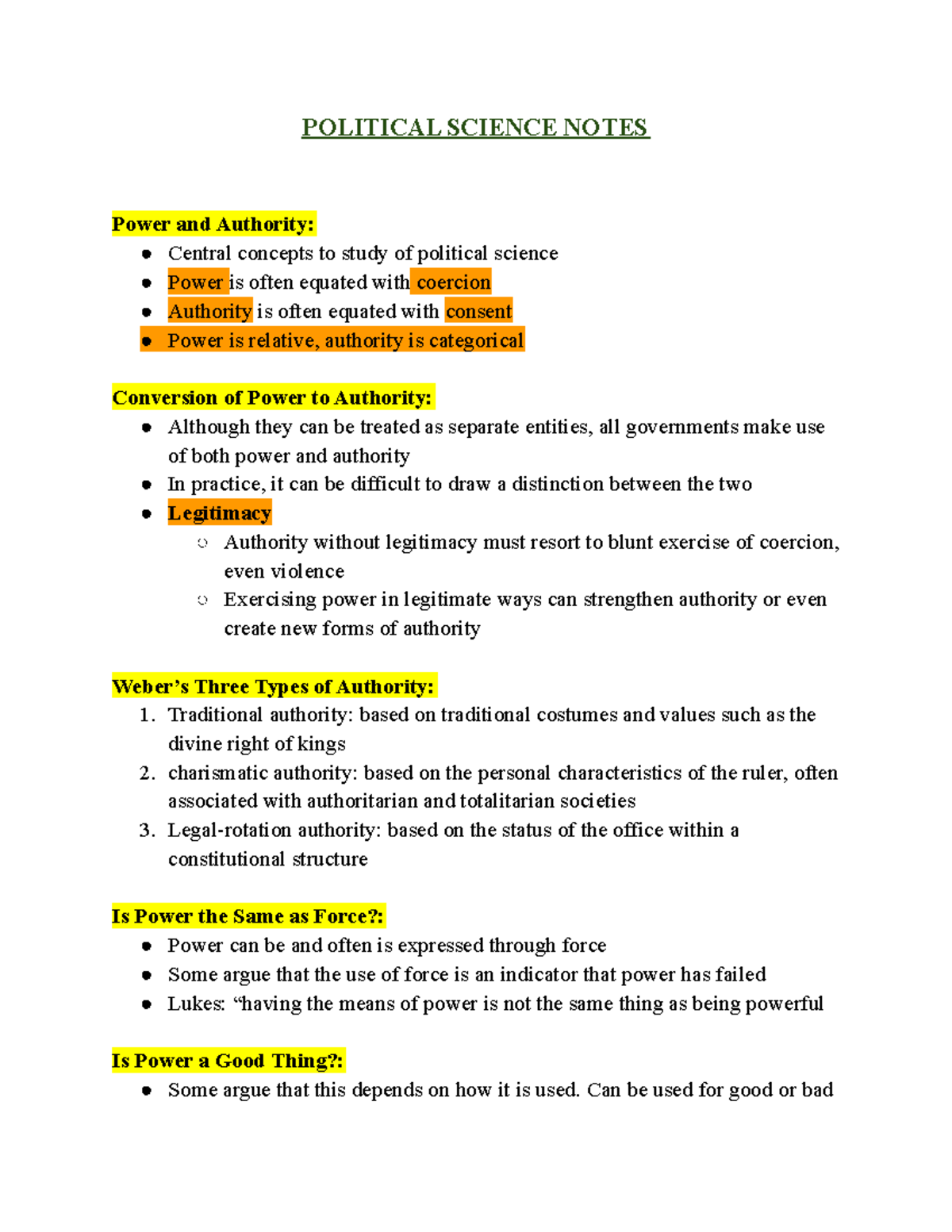 Political Science Notes - POLITICAL SCIENCE NOTES Power And Authority ...