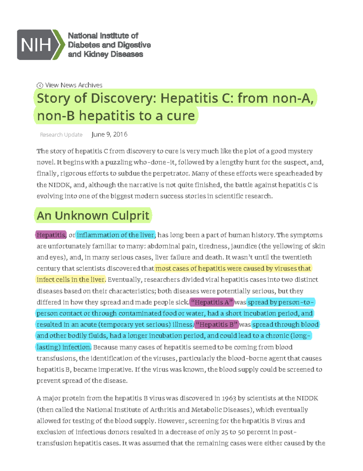 UNIT 2 Story of Discovery Hepatitis C from non-A, non-B hepatitis to a ...