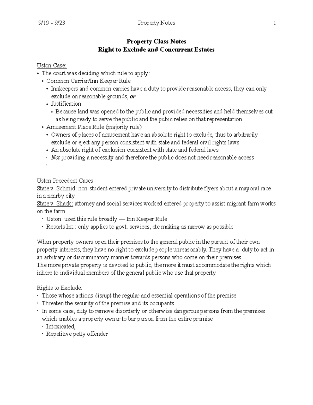 Right to Exclude and Concurrent Estates 9/19 9/23 Property Notes 1