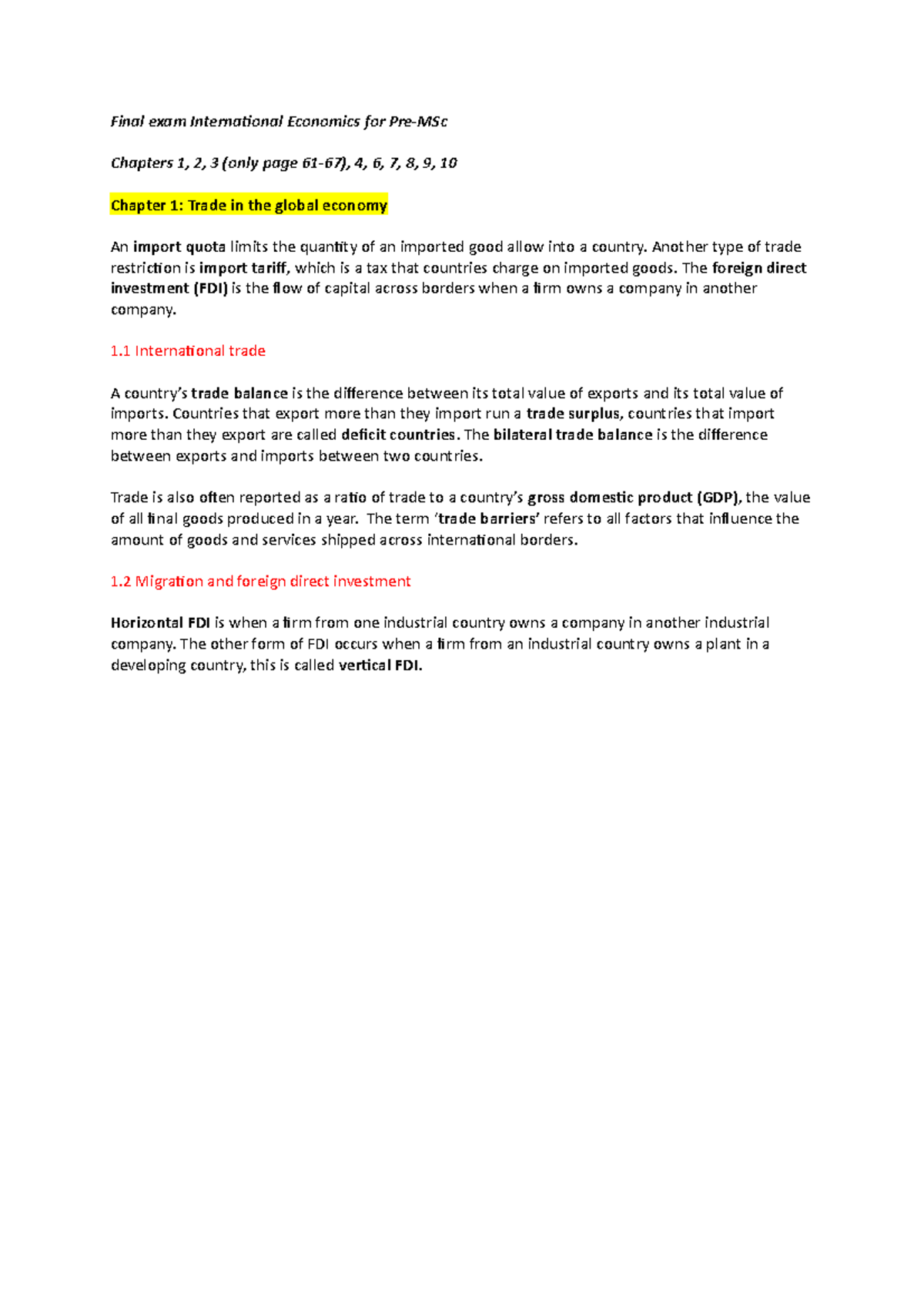 Summary Final Exam International Economics For Pre MSc - Final Exam ...