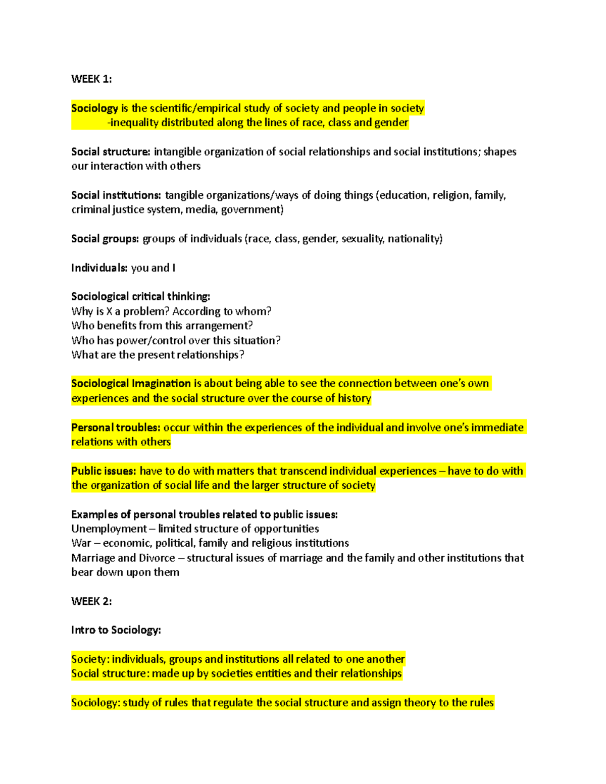 Sociology notes - online/inclass - WEEK 1: Sociology is the study of ...