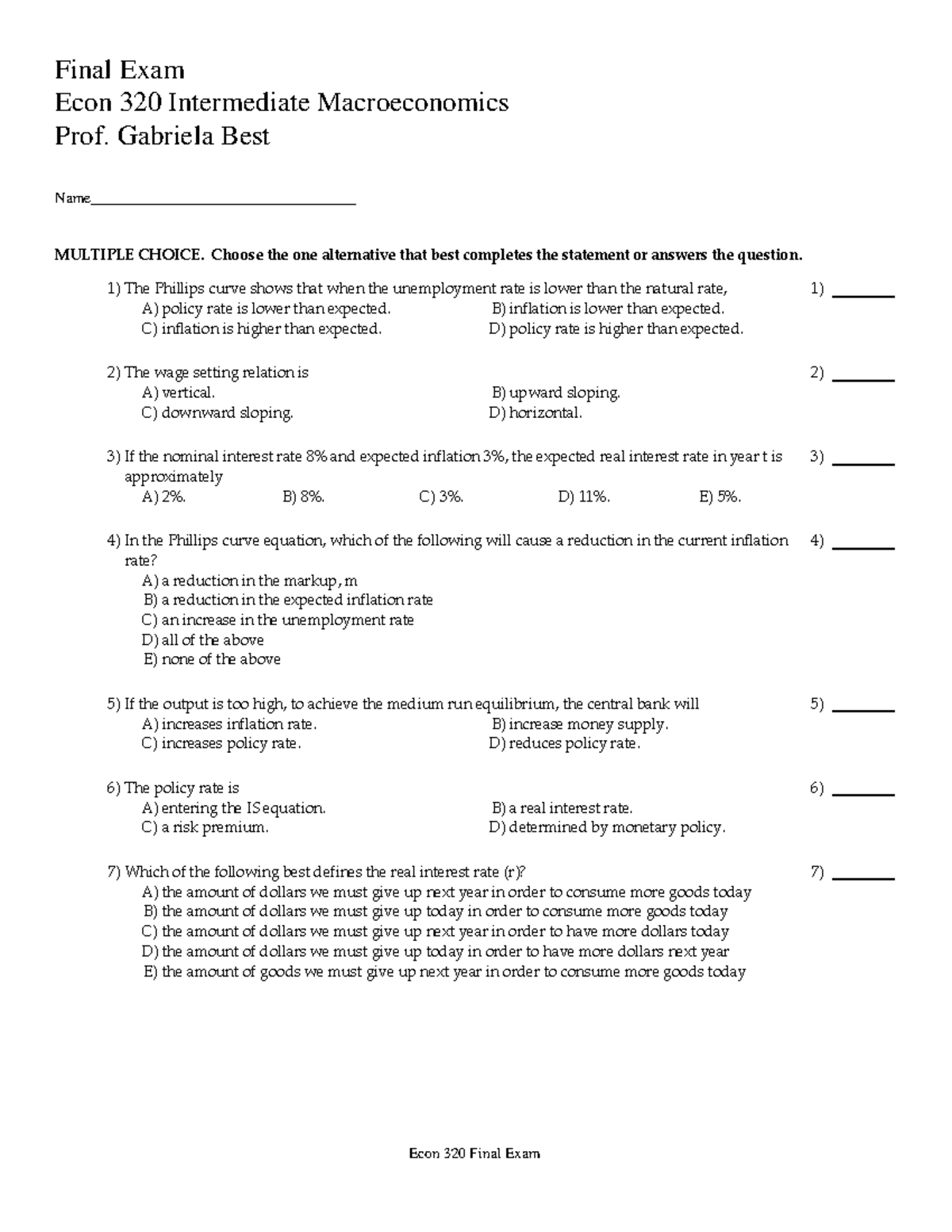 Sample Final Exam - Final Exam Econ 320 Intermediate Macroeconomics ...