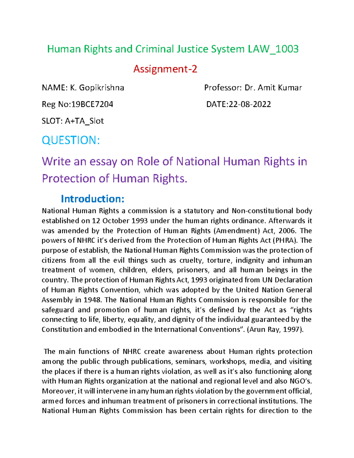 19BCE7204 LAW1003 Assignment-2 - Human Rights and Criminal Justice ...