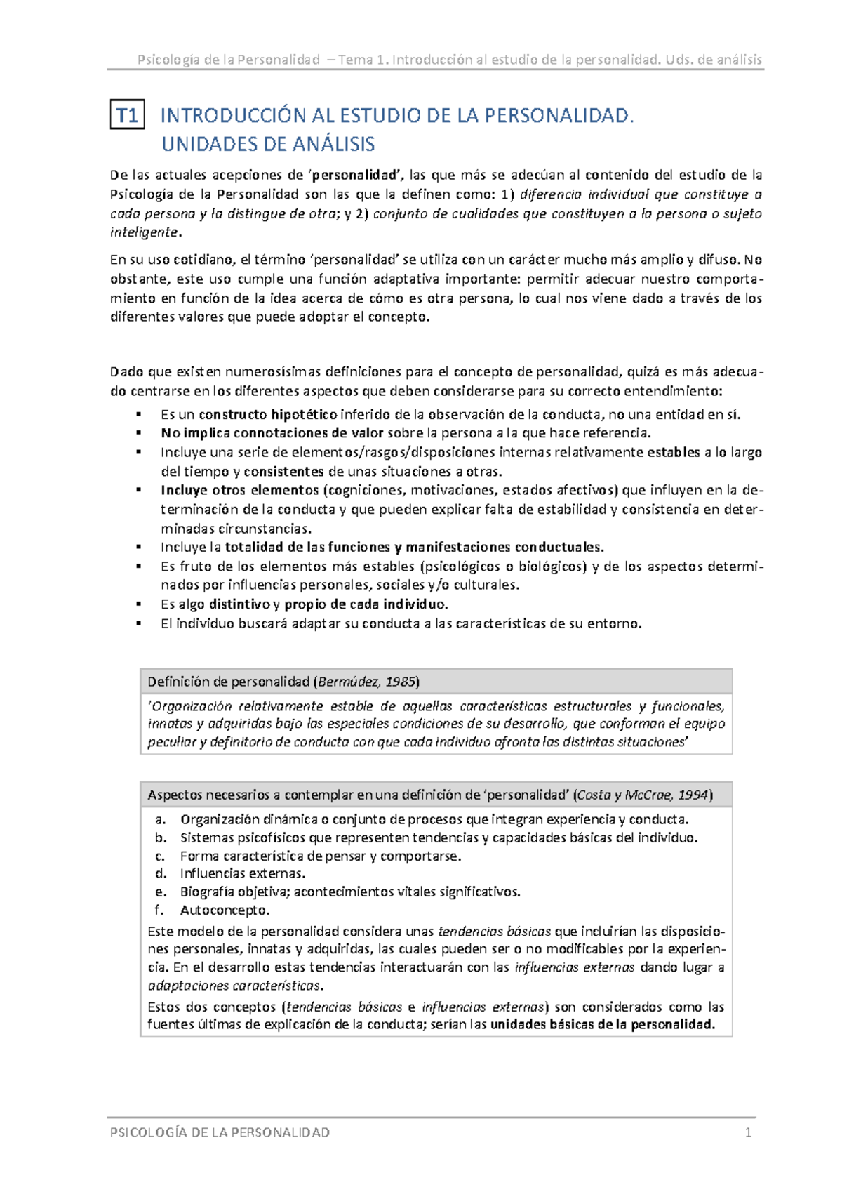 Personalidad. Tema 1 - Tema 1. Psicología Personalidad Uned. - de la ...