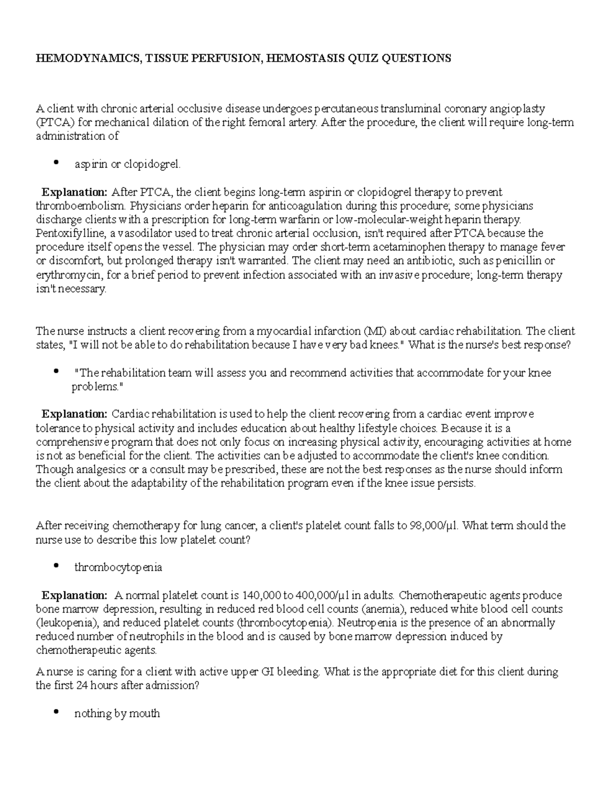 Hemodynamics, Tissue Perfusion, Homeostasis Quiz Questions 