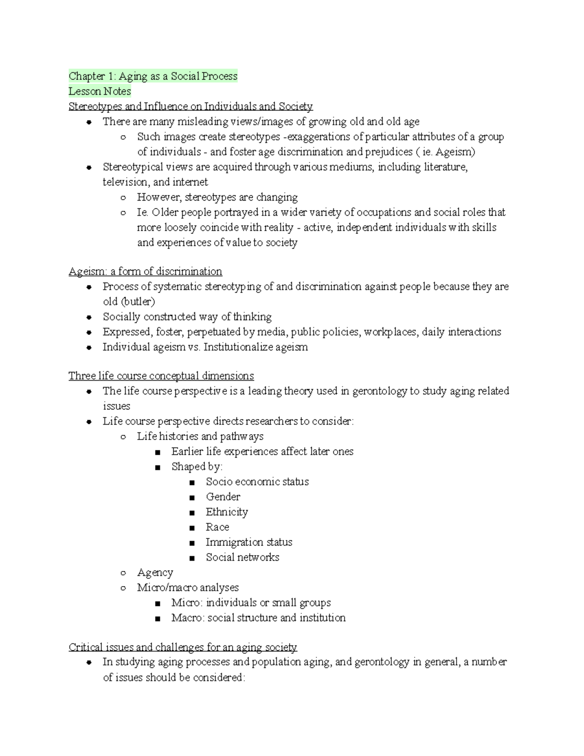 Lecture Notes for sy216 - Chapter 1: Aging as a Social Process Lesson ...