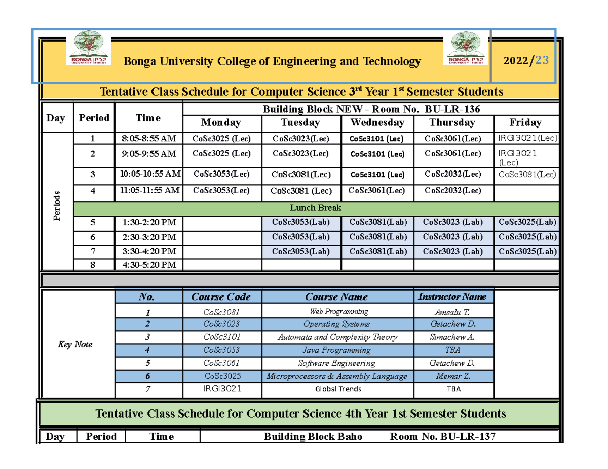 3rd and 4th Year Computer Science Students - Tentative Class Schedule ...