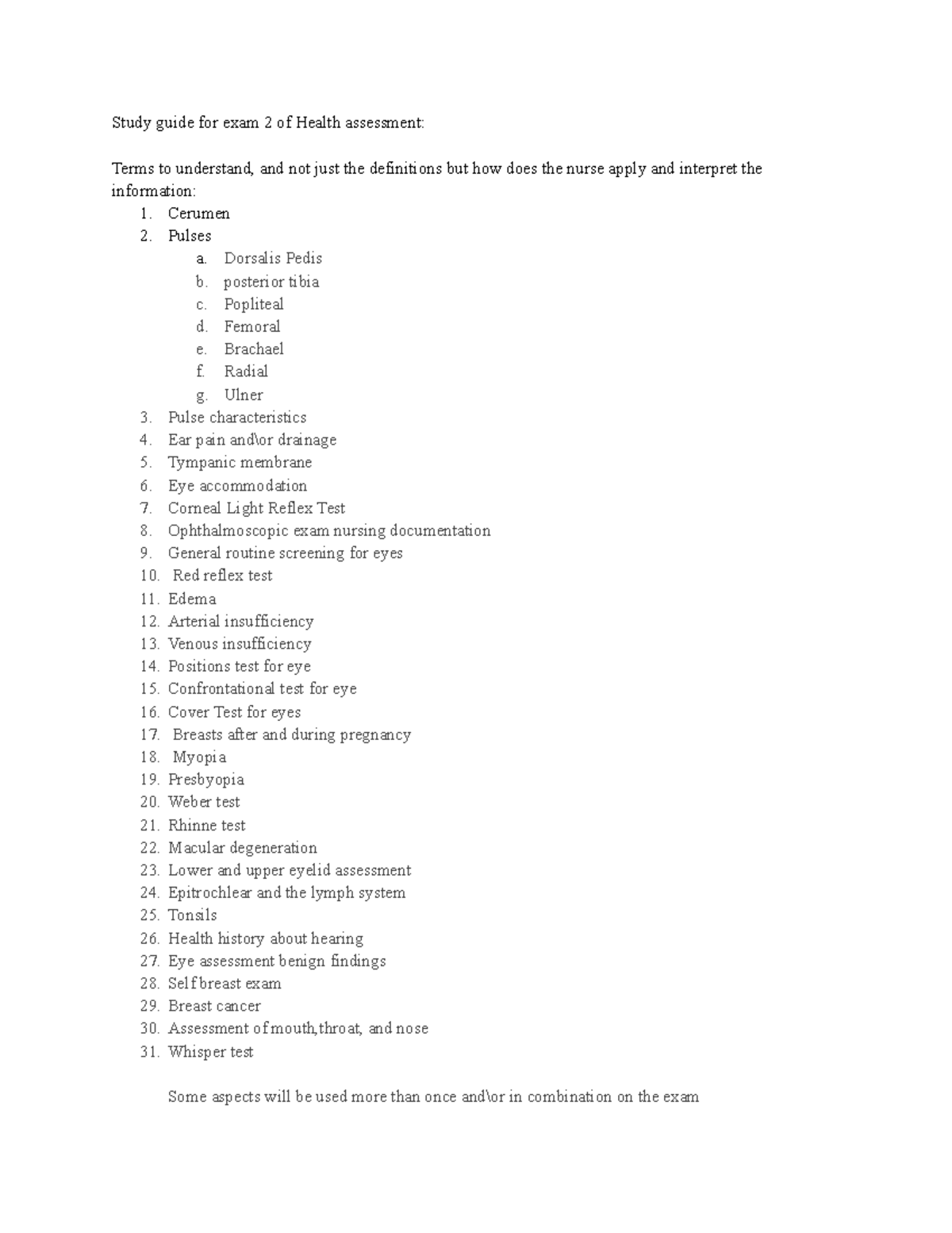 Exam 2 Study Guide Health Assessment - 6WXG\ JXLGH IRU H[DP RI +HDOWK ...
