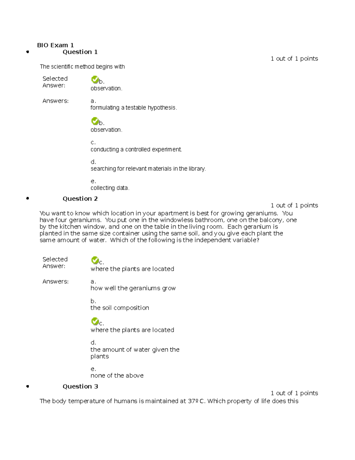 BIO Exams - Lecture notes Exam - BIO Exam 1 Question 1 1 out of 1 ...
