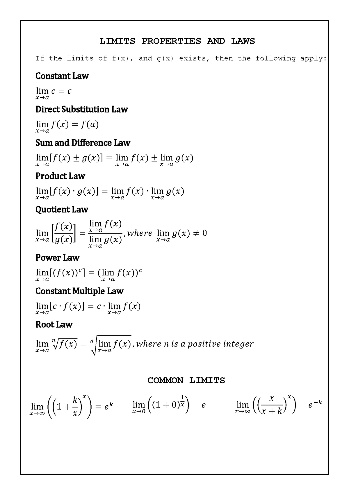 Limits - Also suppose that, lim 𝑥→𝑎 𝑓(𝑥) = lim 𝑥→𝑎 𝑔(𝑥) = 𝐿 Then for ...