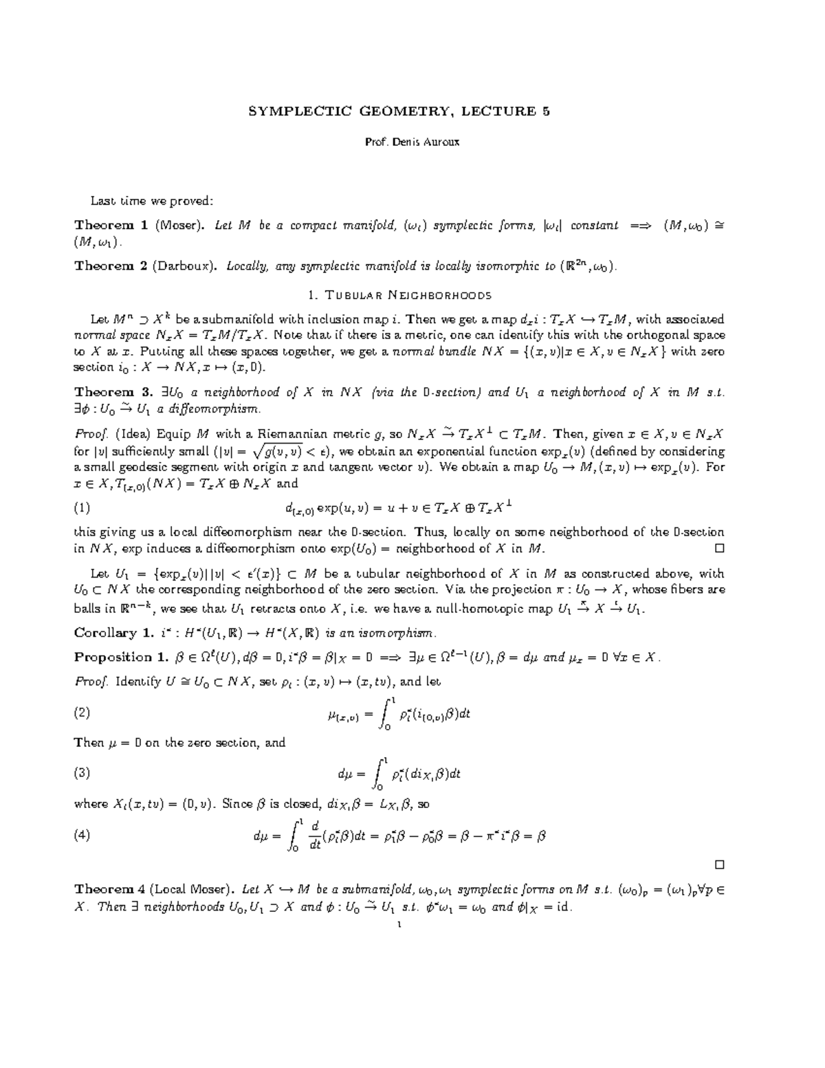 Tubular neighborhoods; local version of Moser's theorem; Weinstein's ...