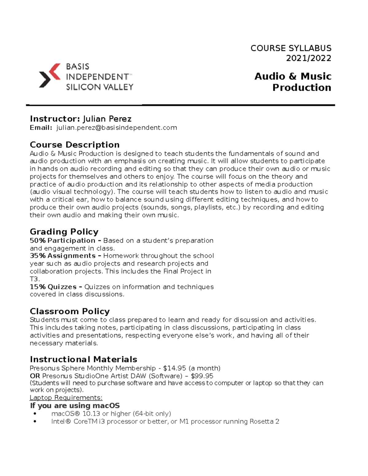 Audio Music Production Syllabus 20212022 COURSE SYLLABUS 2021/ Audio