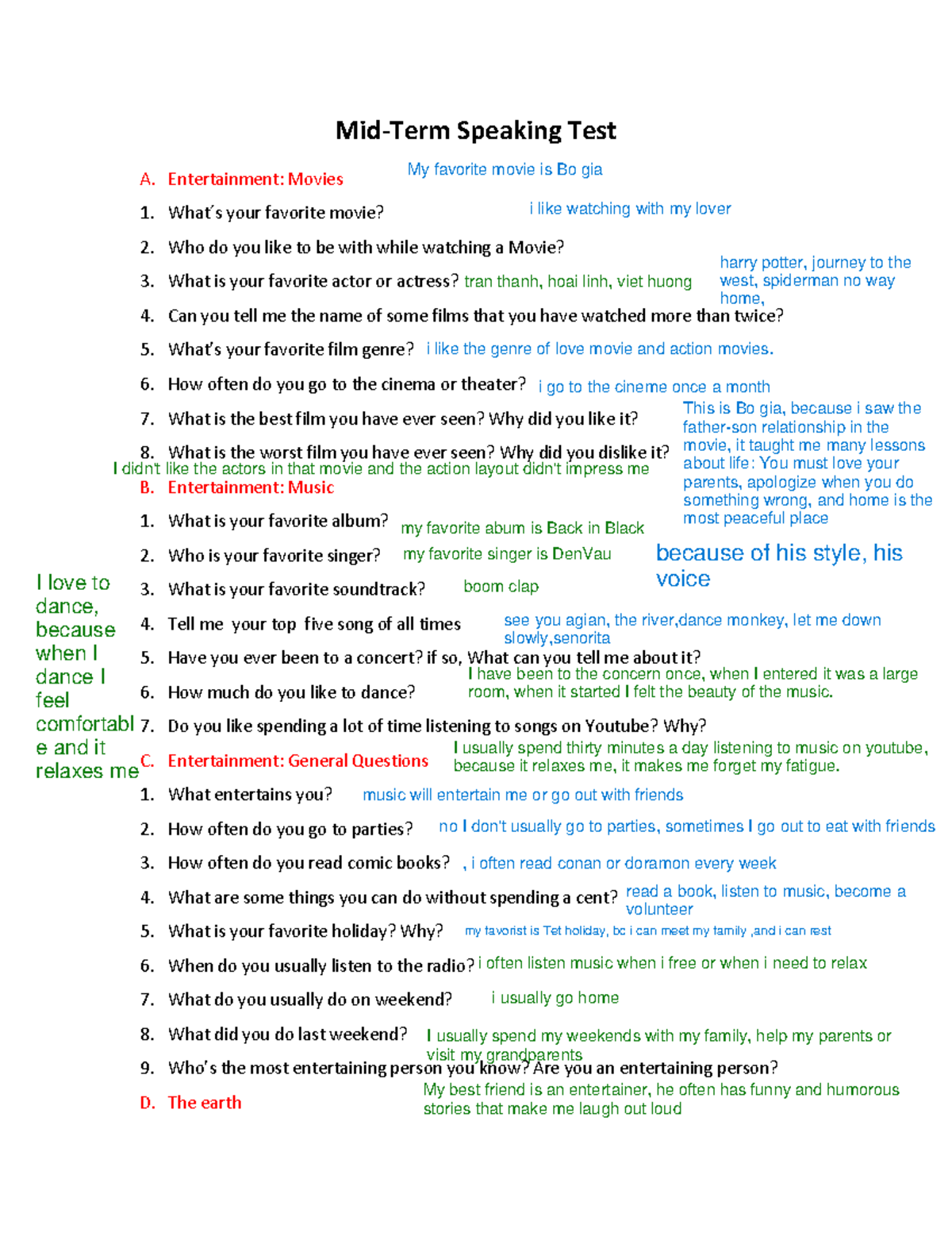 Midterm Speaking Test Đề thi giữa kì NC5 MidTerm Speaking Test A