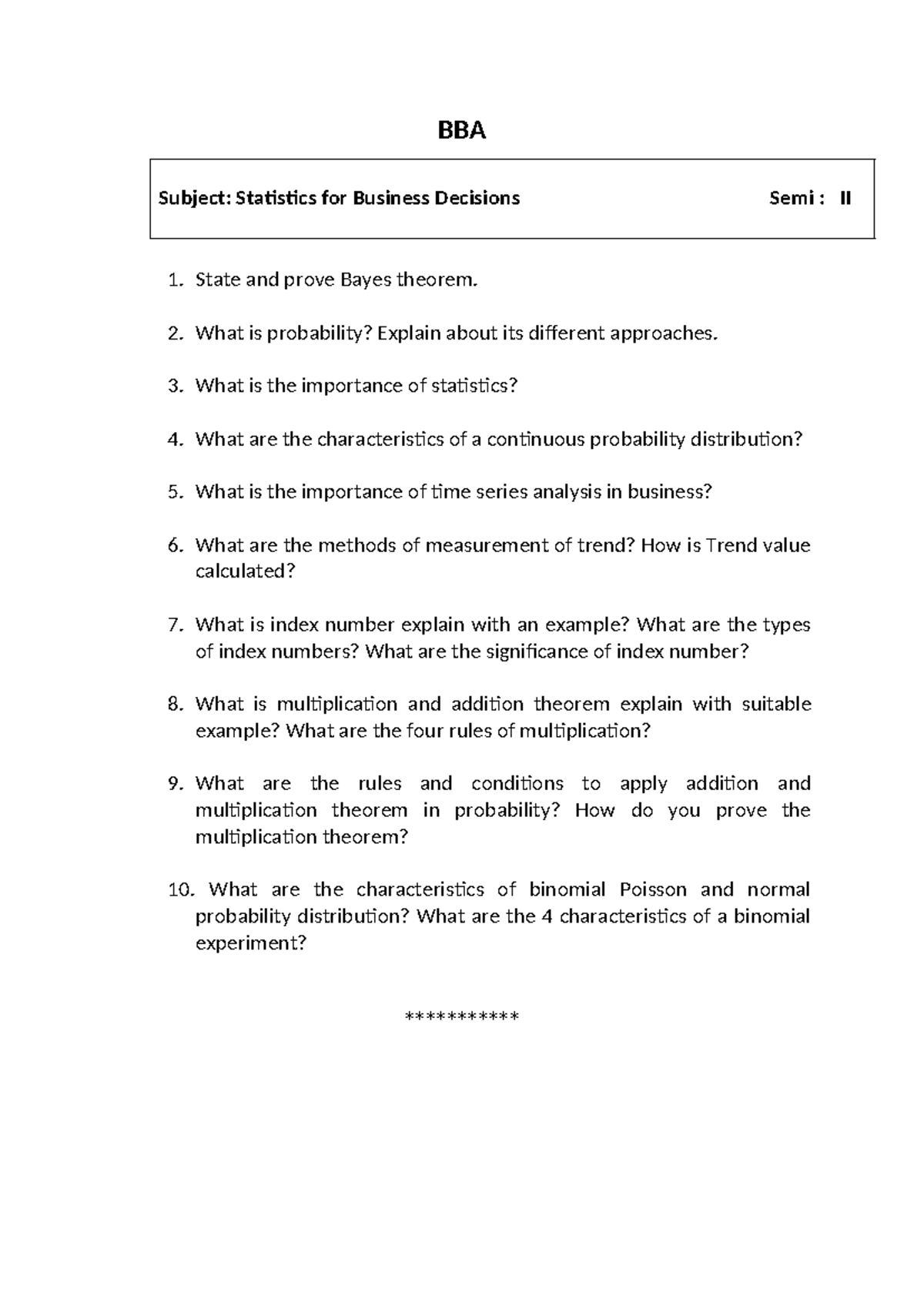 BBA 203 Statistics for Business Decisions - BBA Subject: Statistics for ...