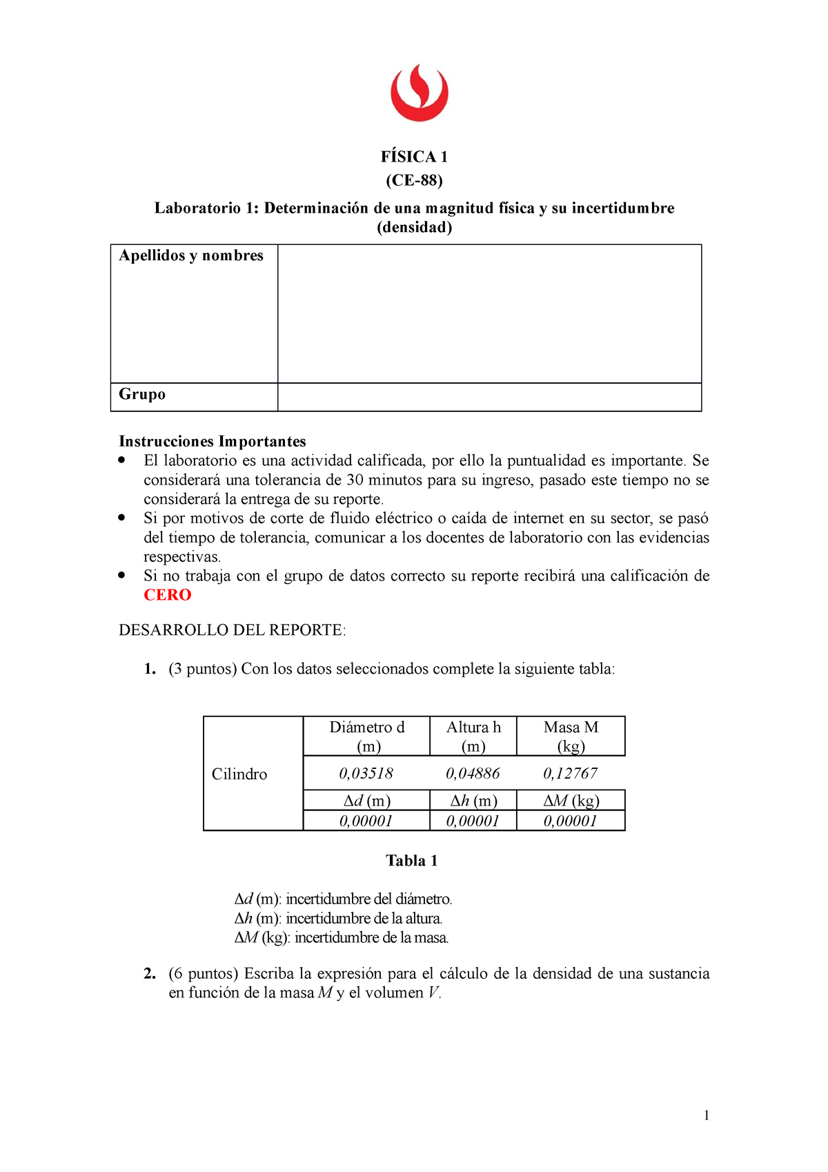 Reporte De Laboratorio FÍsica 1 Ce 88 Laboratorio 1 Determinación