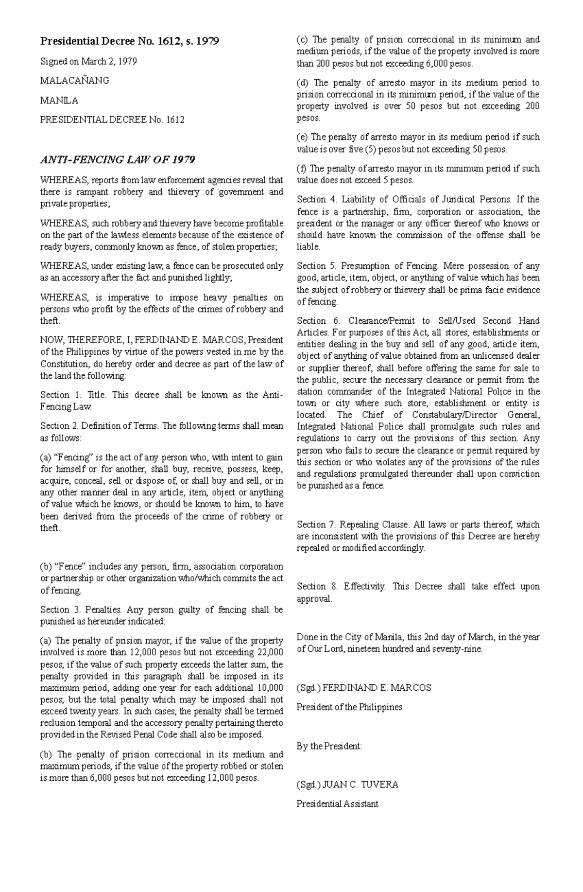 PD 1612 and Cases - law - Presidential Decree No. 1612, s. 1979 Signed ...