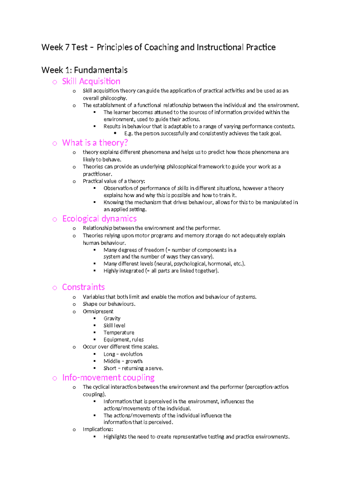 Week 7 Test Revision Notes - Week 7 Test – Principles of Coaching and ...
