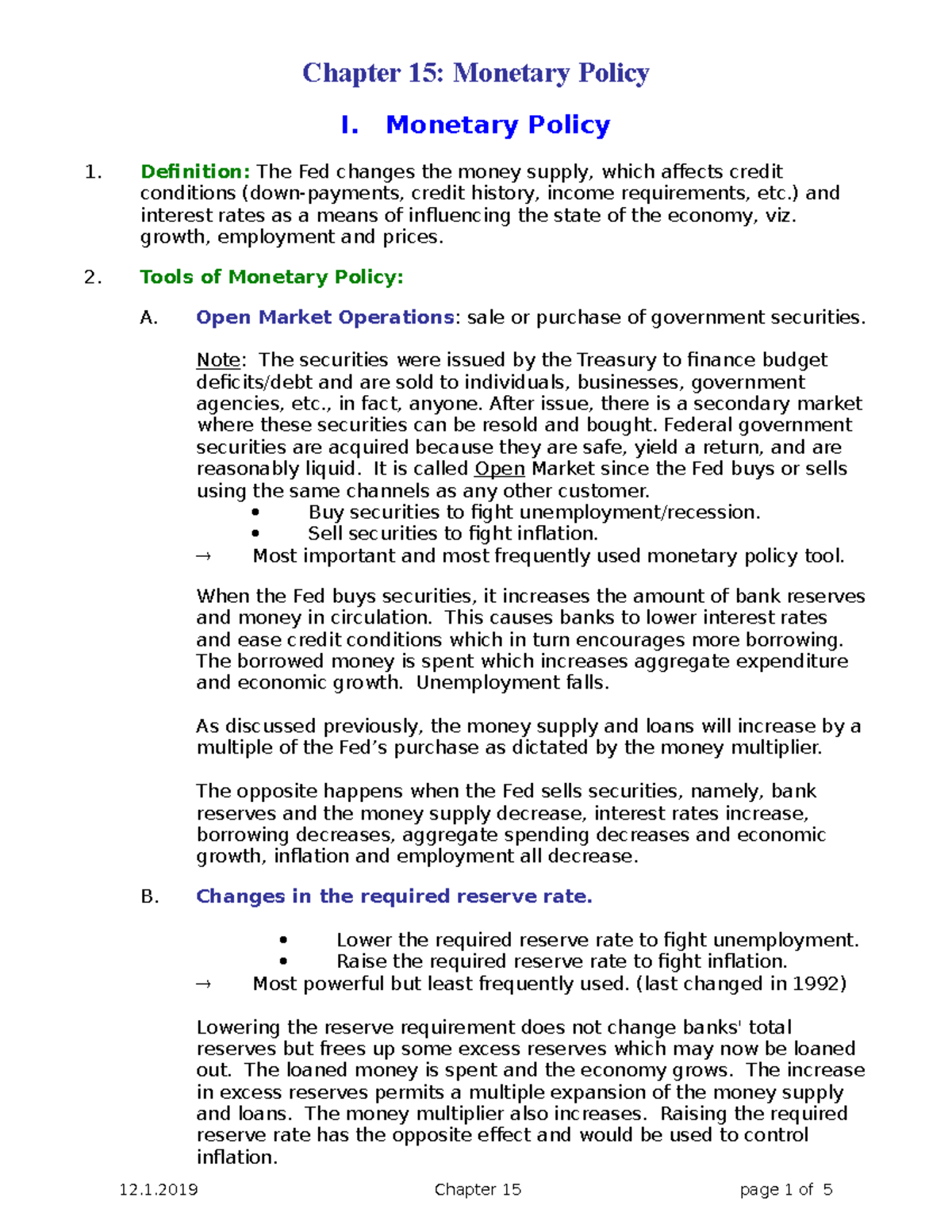 Chapter 15 F19 - Lecture notes 15 - Chapter 15: Monetary Policy I ...