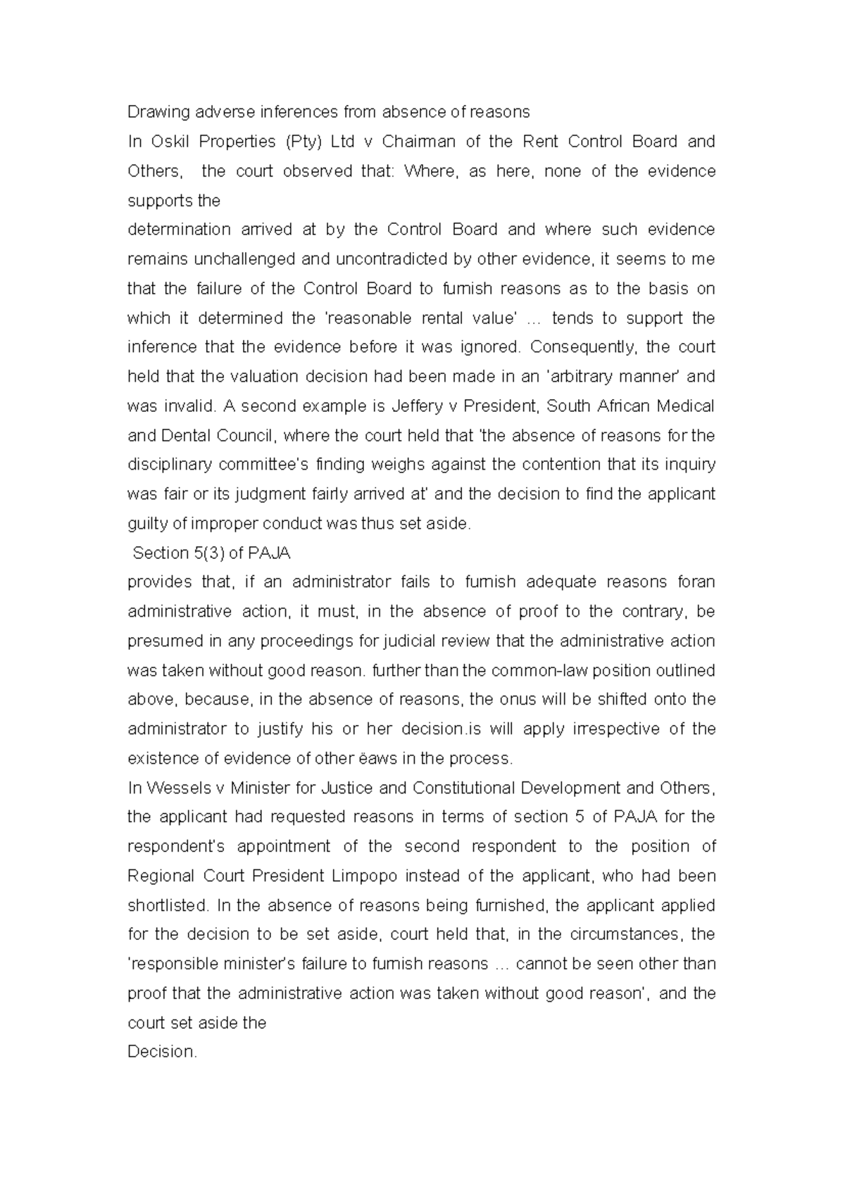 Admin Law extra notes - Exam prep - Drawing adverse inferences from ...