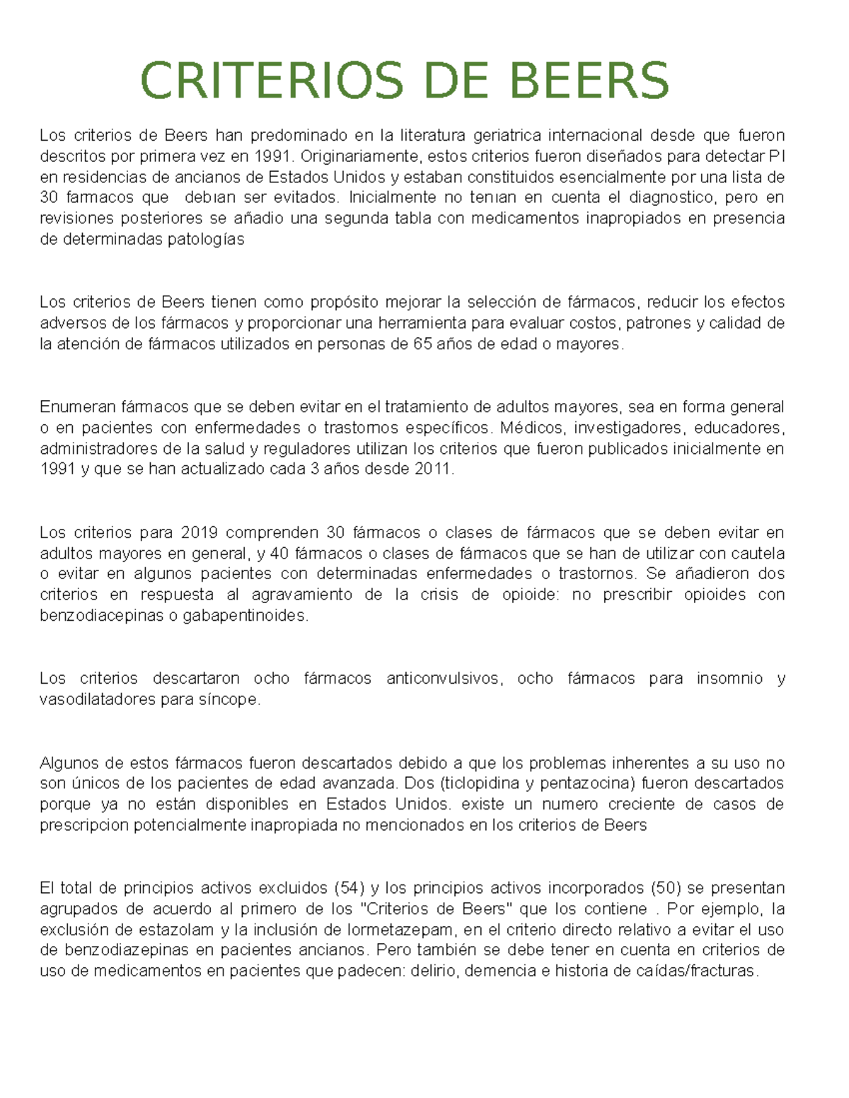 escalas y Criterios DE Beers y Start geriatria CRITERIOS DE BEERS Los criterios de Beers han