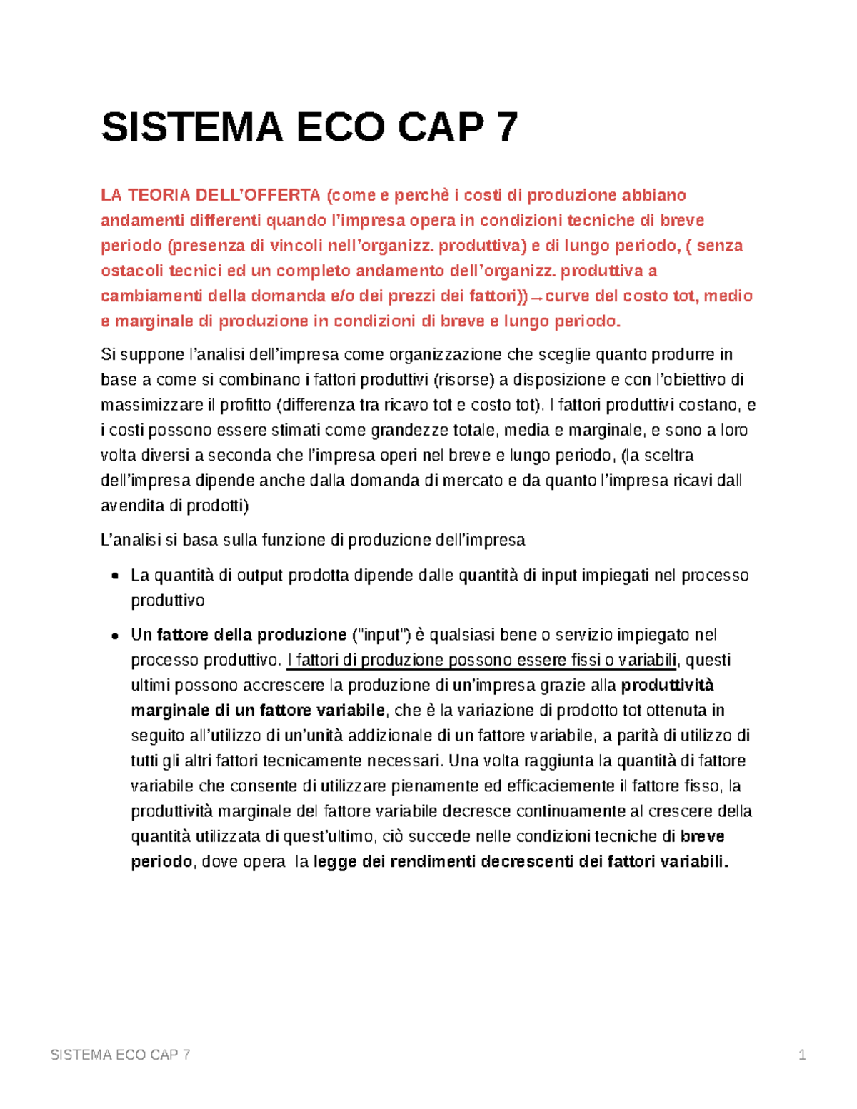 riassunto capitolo 7 - SISTEMA ECO CAP 7 LA TEORIA DELL’OFFERTA (come e ...