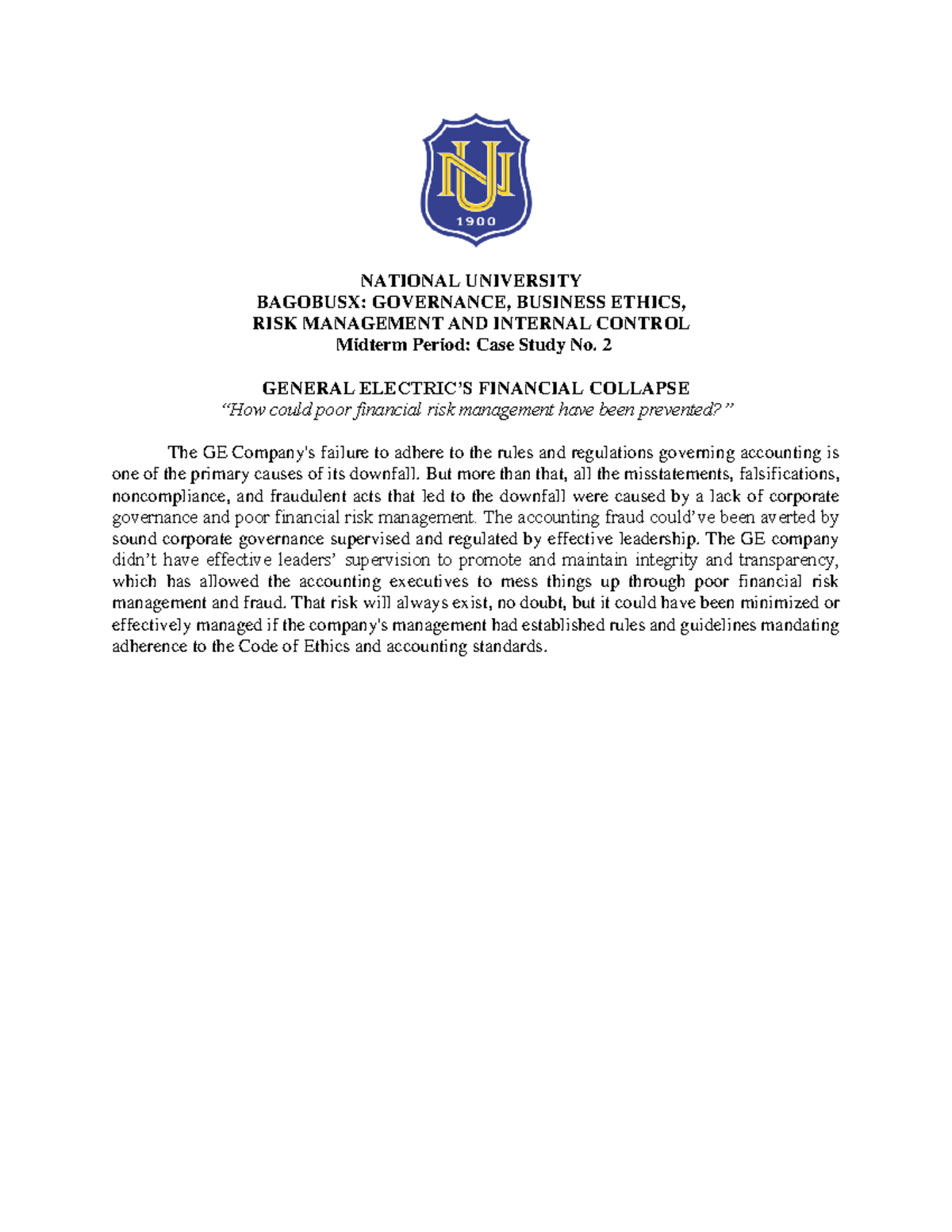 General Electric Case Study NATIONAL UNIVERSITY BAGOBUSX GOVERNANCE