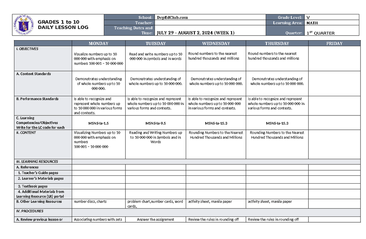 DLL MATH 5 Q1 W1 - daily lesson plan - GRADES 1 to 10 DAILY LESSON LOG ...