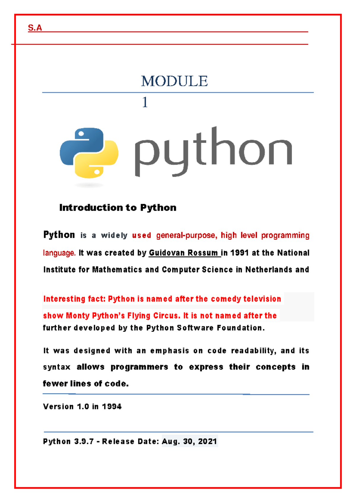 Module 1 - Python - S Interesting fact: Python is named after the ...