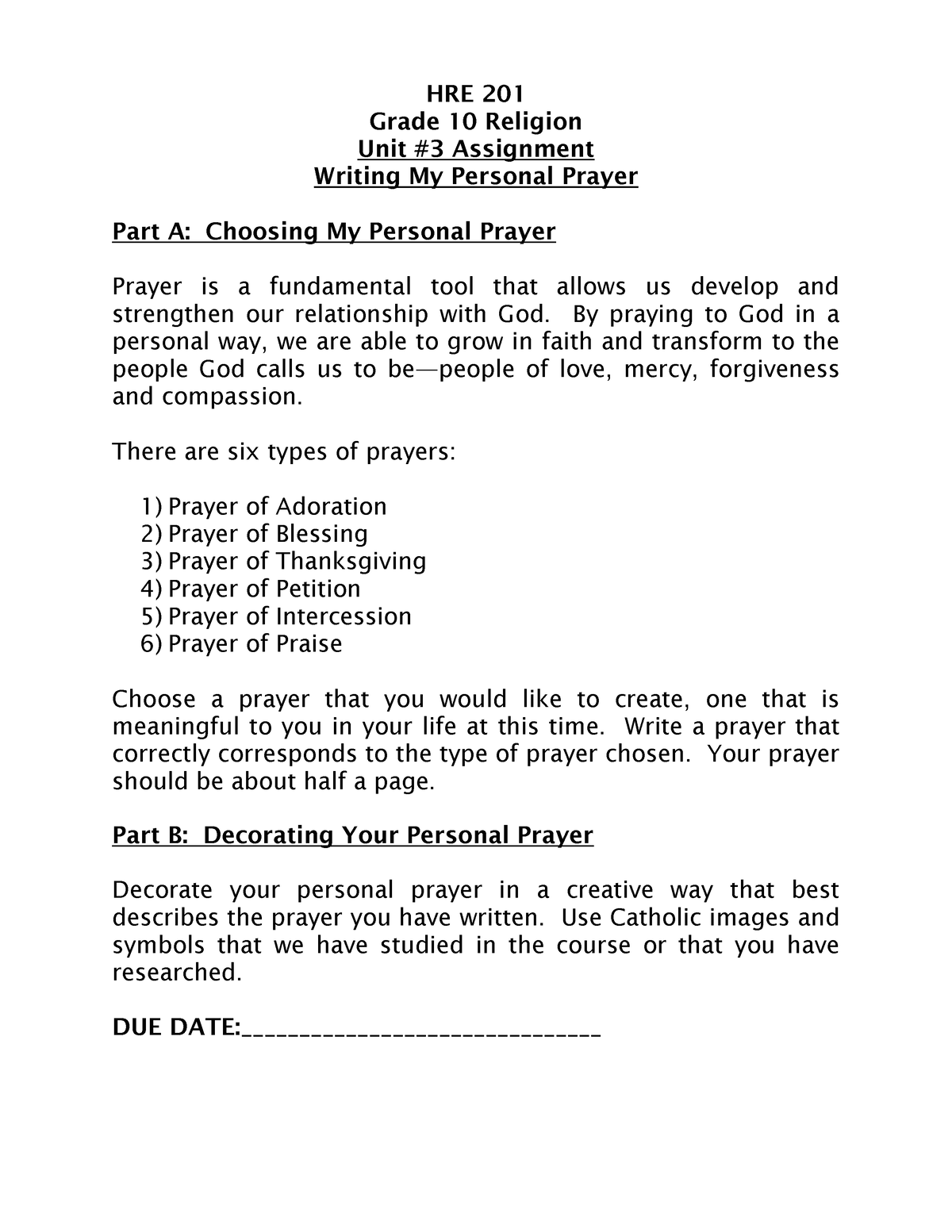 Writing My Personal Prayer - HRE 201 Grade 10 Religion Unit #3