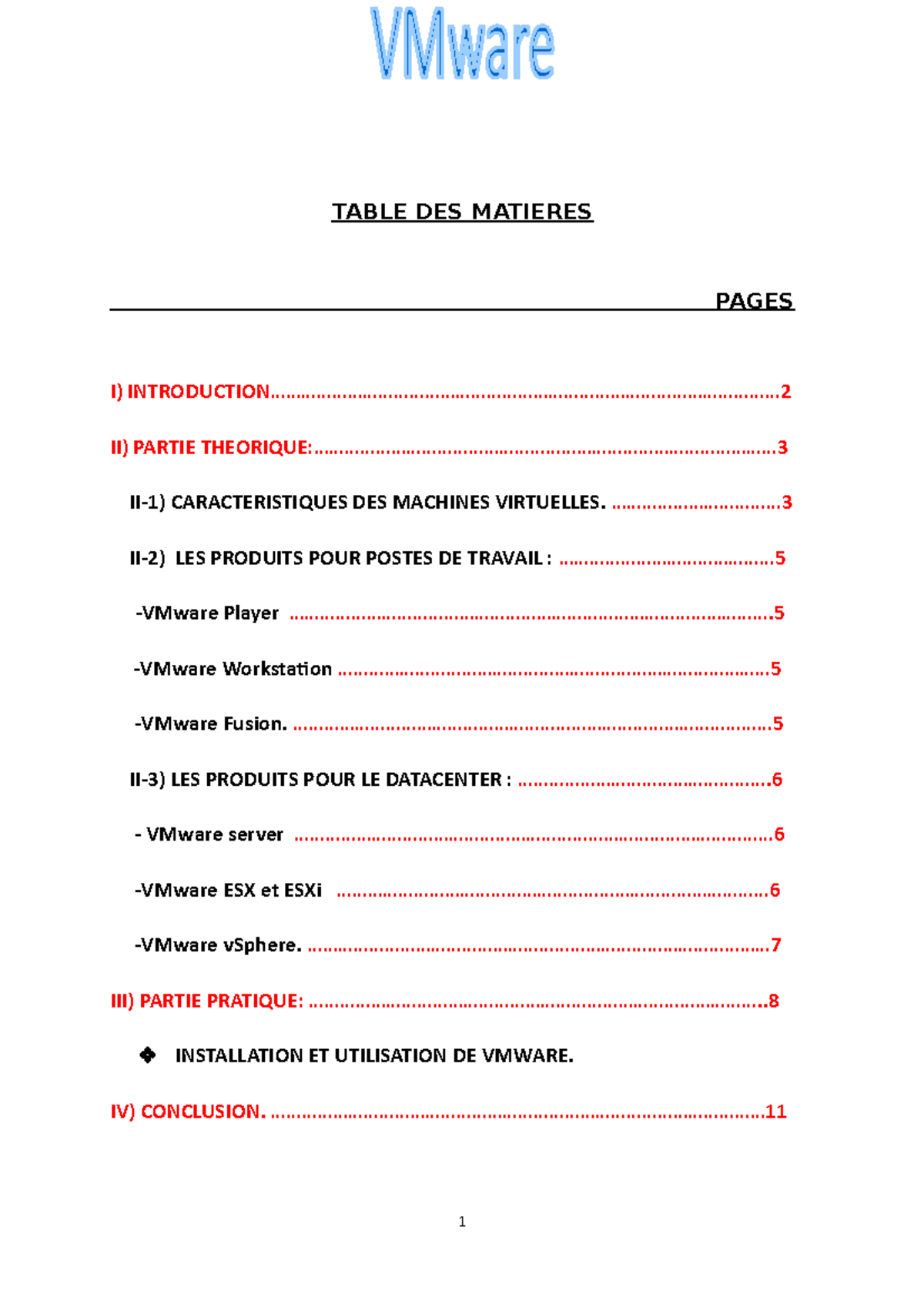 VMware - TABLE DES MATIERES II) PARTIE - Studocu