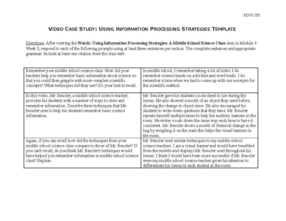 Video Study - Information Processing - EDUC 205 VIDEO CASE STUDY: USING ...