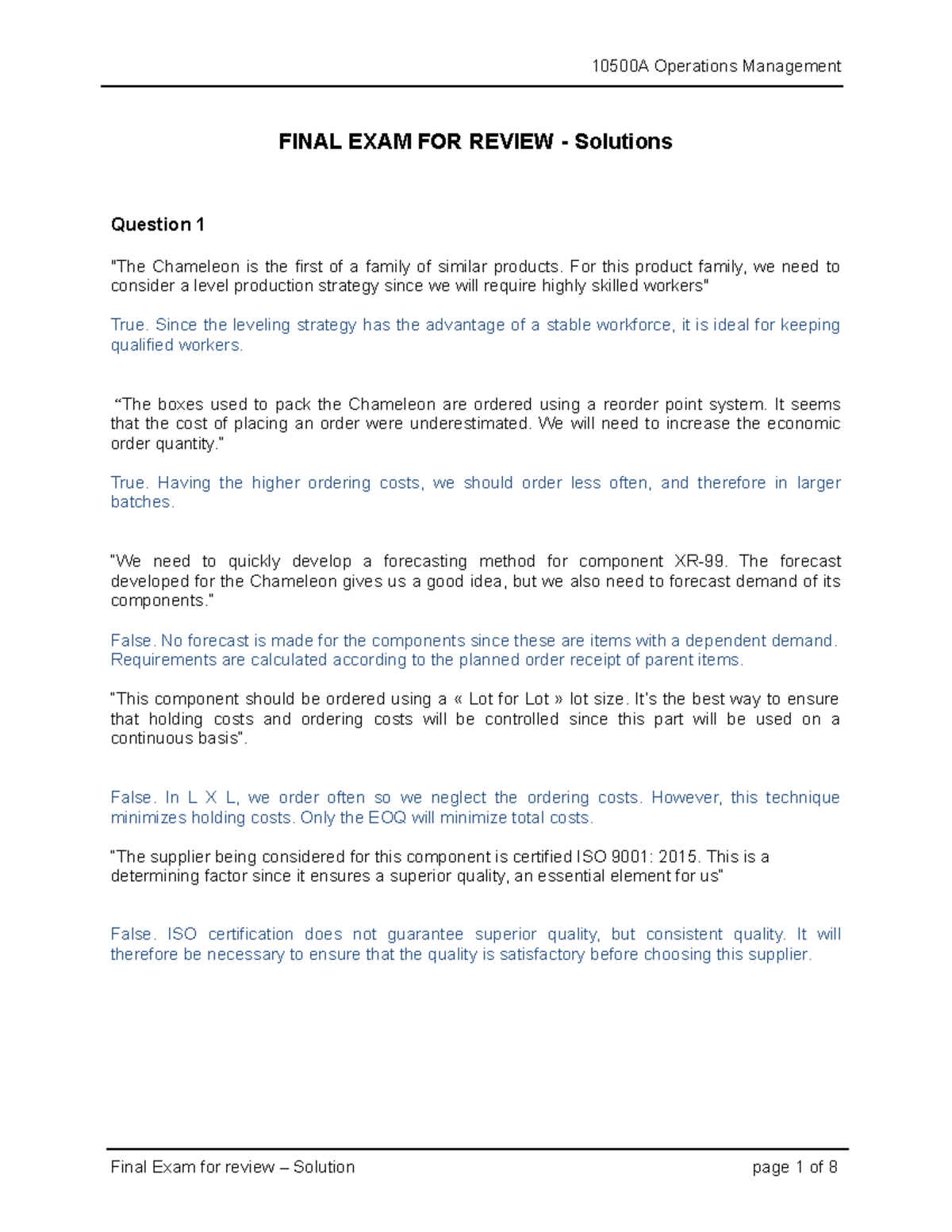 Session 12 Final exam solutions 1 - 10500A Operations Management FINAL ...