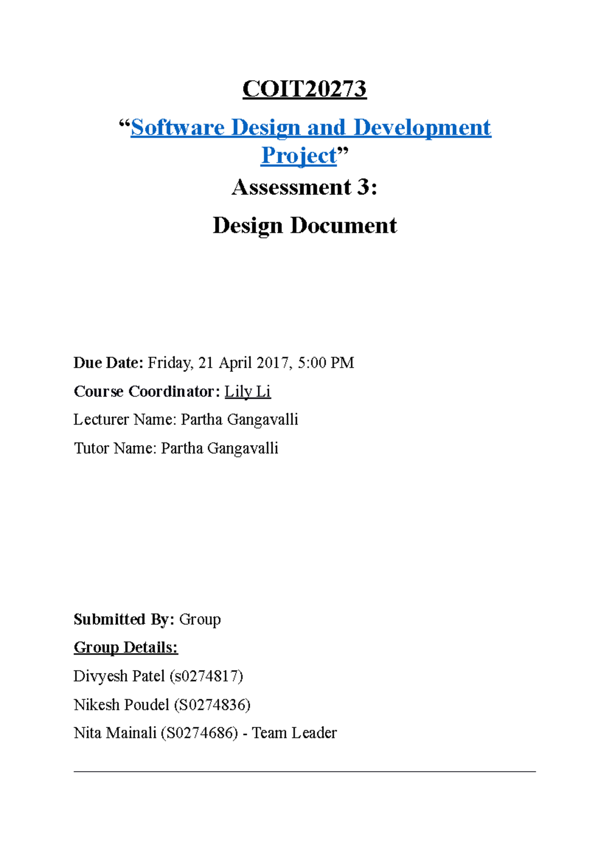 Assignment 4 Design Document - COIT “Software Design and Development ...