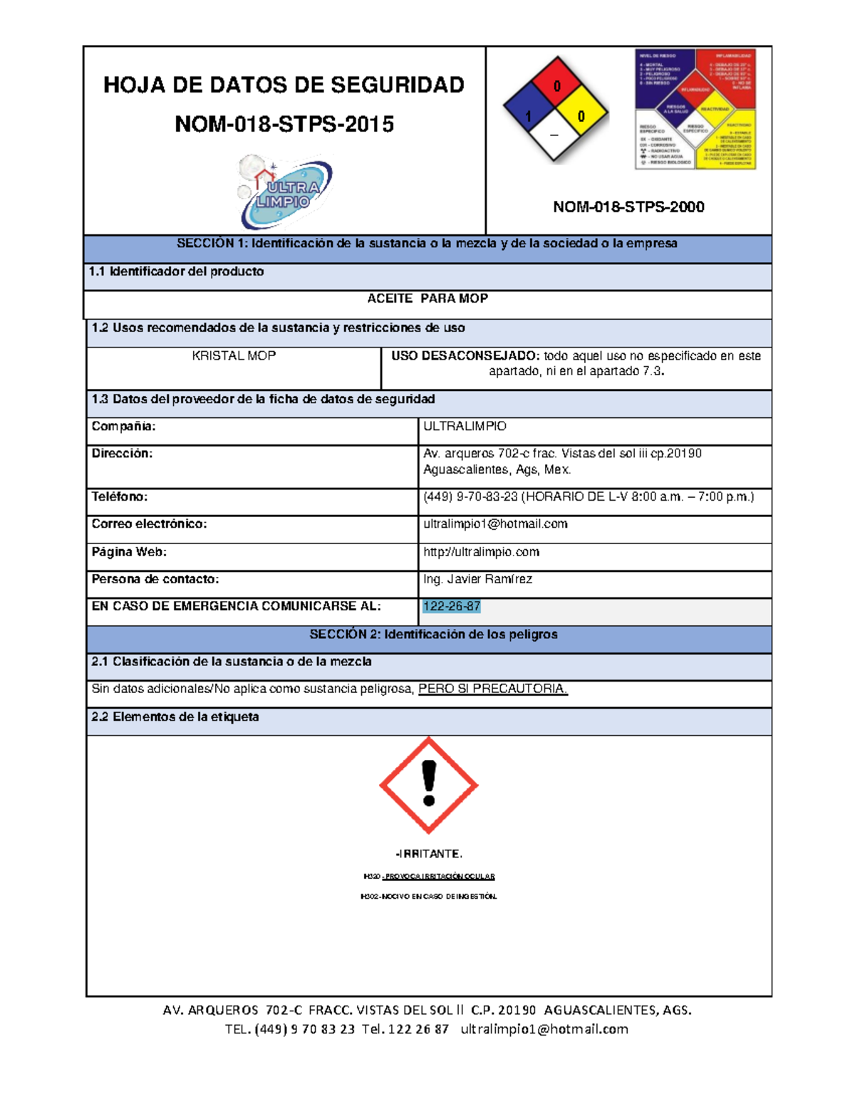 SQ-002 MSDS Aceite PARA MOP 2018 - AV. ARQUEROS 702-C FRACC. VISTAS DEL ...