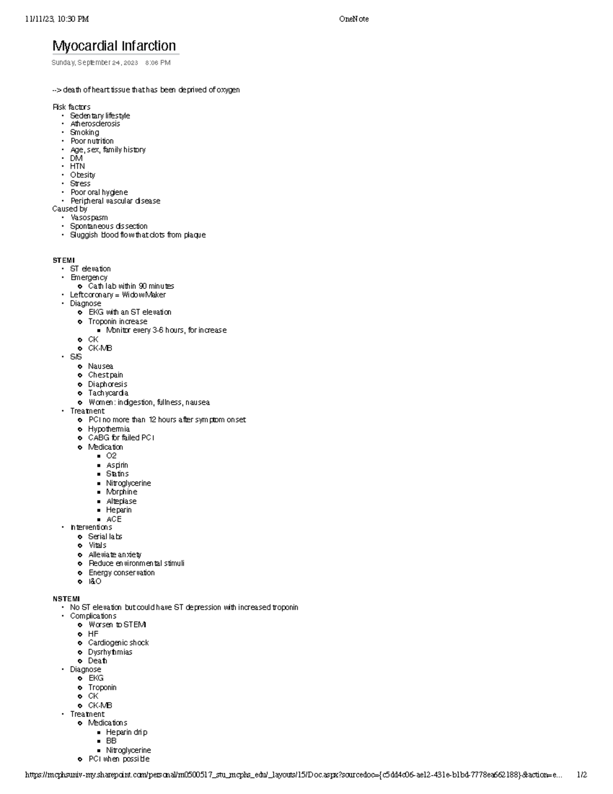 NUR 504 MI - Full cardiac note set - 11/11/23, 10:30 PM OneNote - Studocu