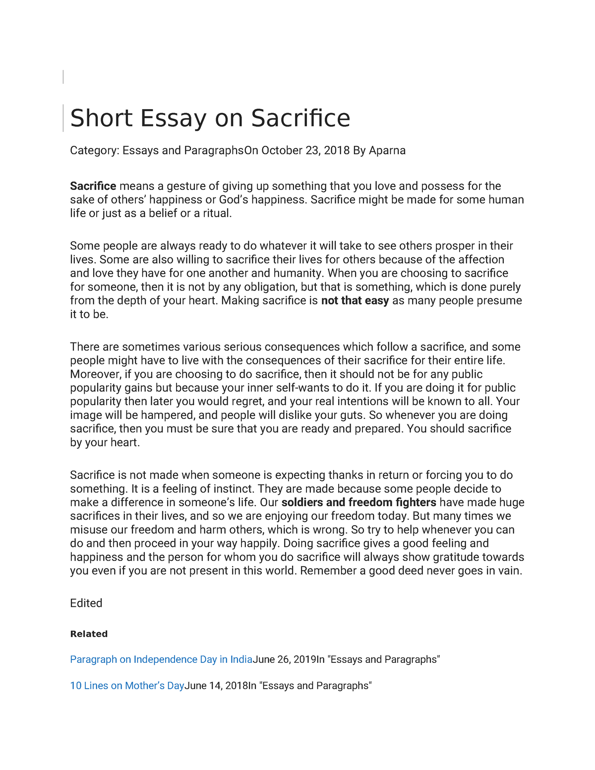 sacrifice in life essay