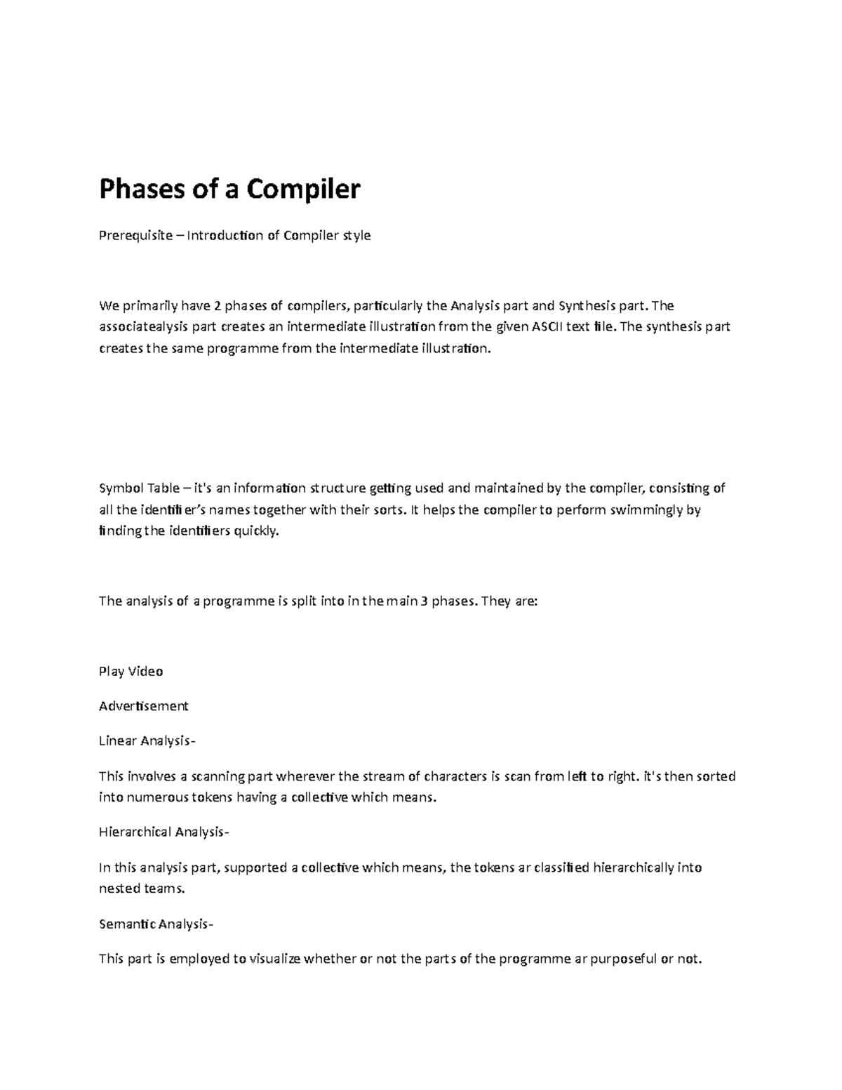 Phases of a Compiler notes - Phases of a Compiler Prerequisite ...