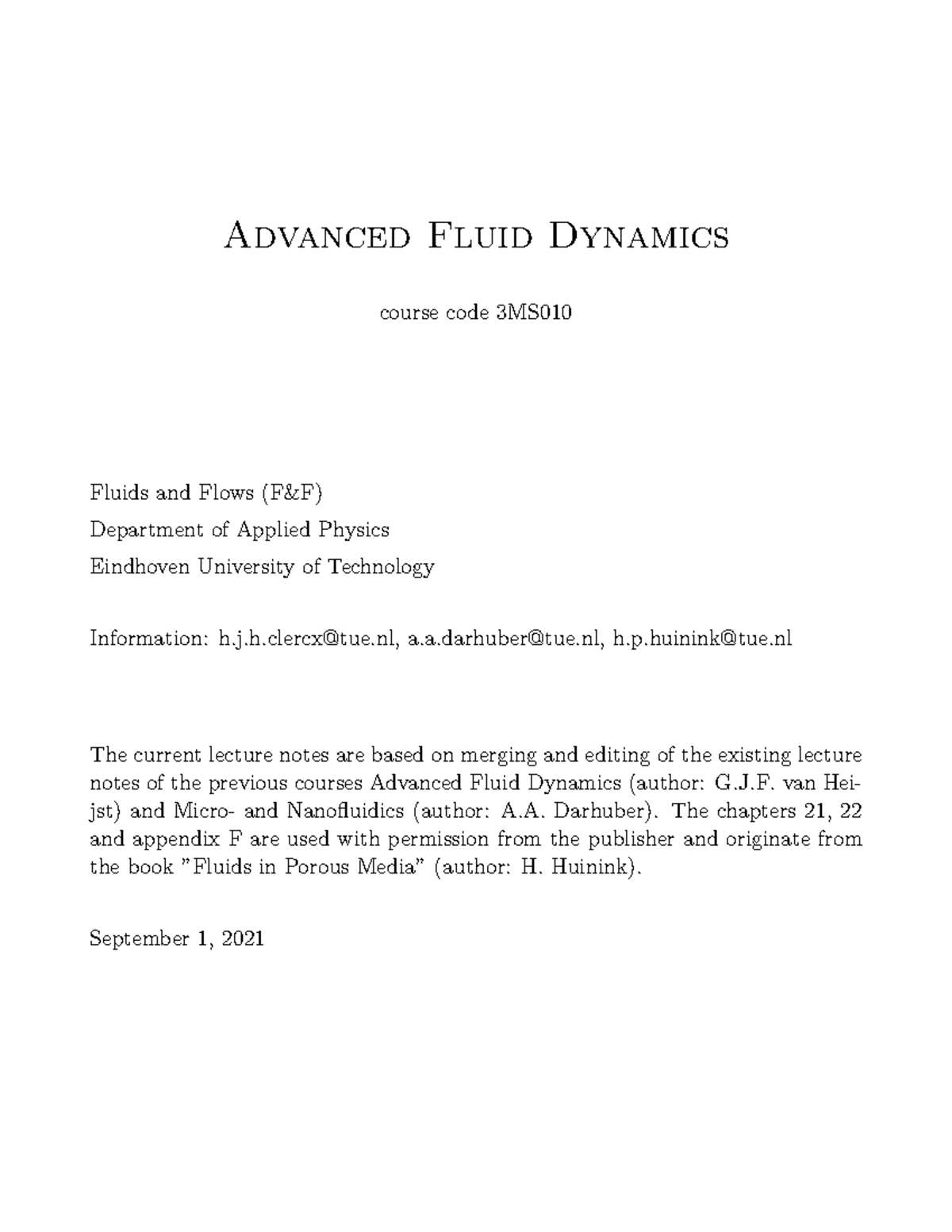Lecture notes of 3MS010 Advanced fluid dynamics Advanced Fluid