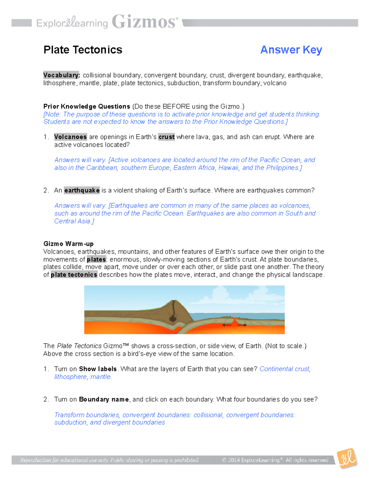 2 Platetectonicsse Gizmo Key Plate Tectonics Answer Key Vocabulary 