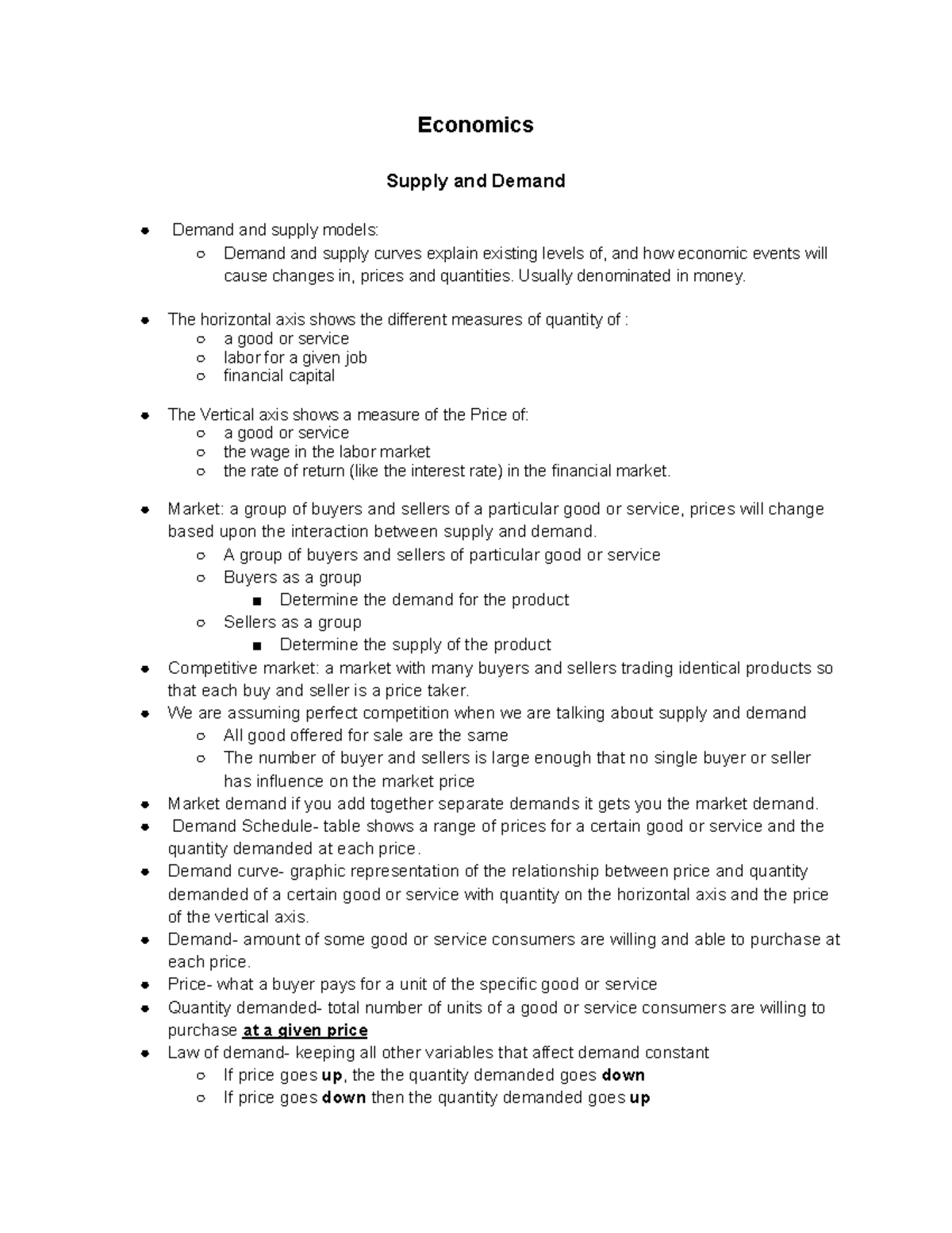 Economics Notes - James Young - Economics Supply and Demand Demand and ...