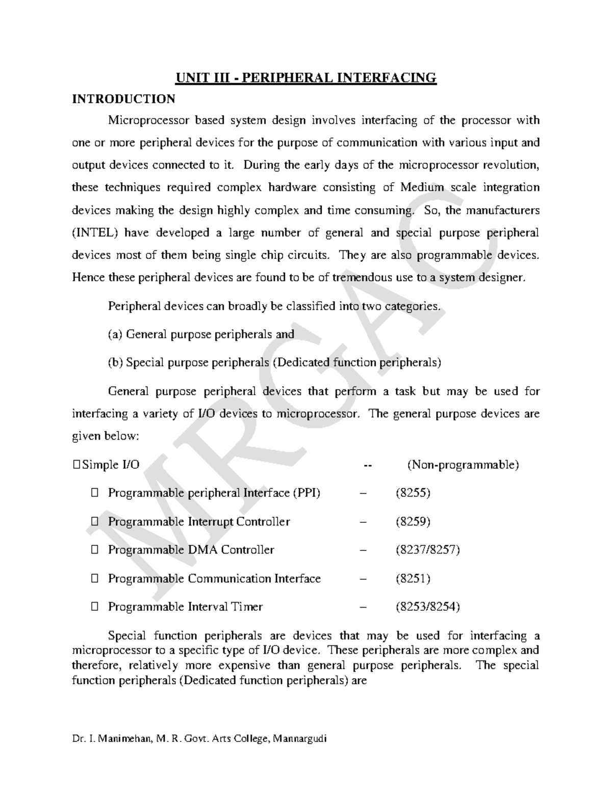 Ppi ppi UNIT III PERIPHERAL INTERFACING INTRODUCTION