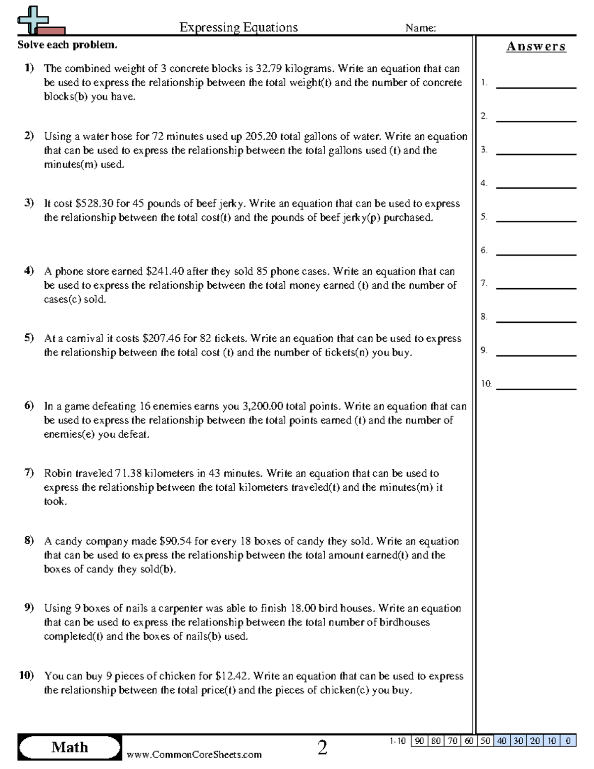 Expressing Equations 1) The combined weight of 3 concrete blocks is