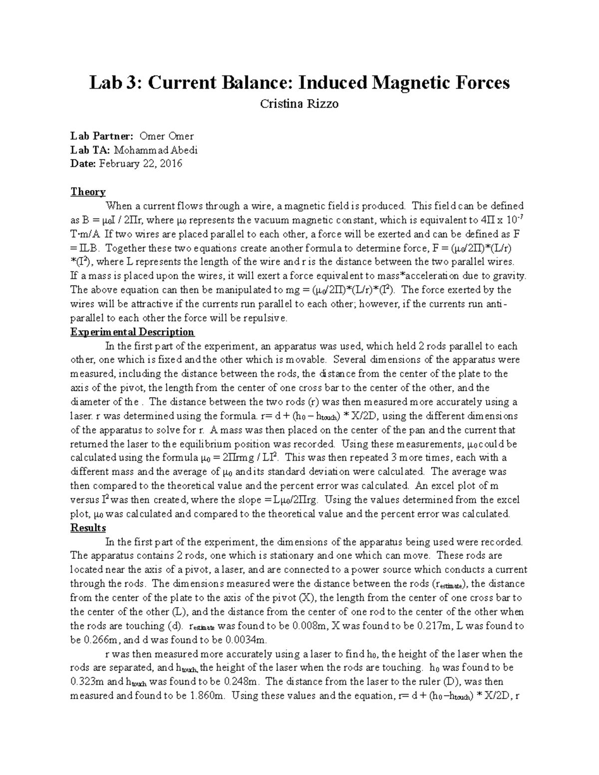 Physics spring lab 3 write up - Lab 3: Current Balance: Induced ...