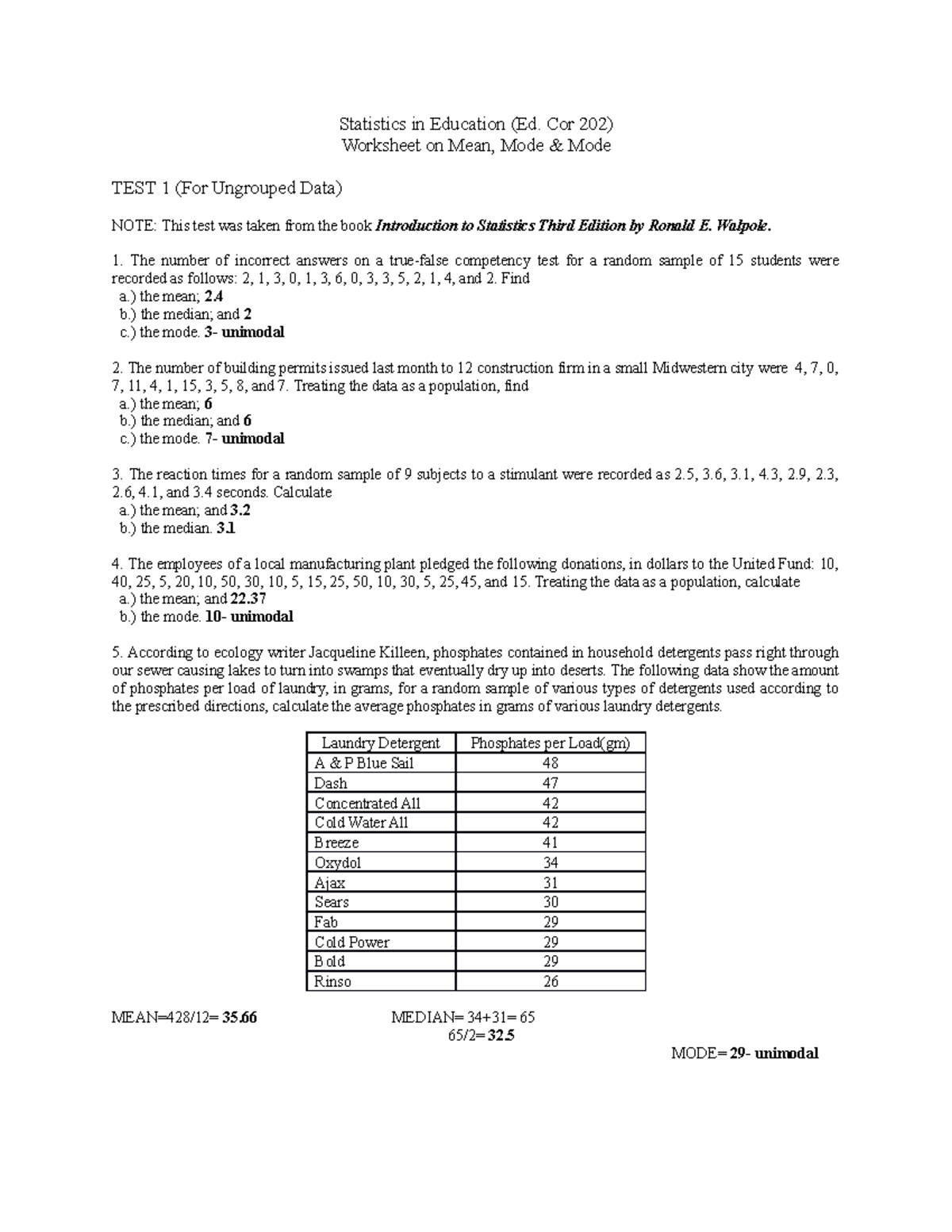 Statistics Worksheet on Mean, Median & Mode - Statistics in Education ...