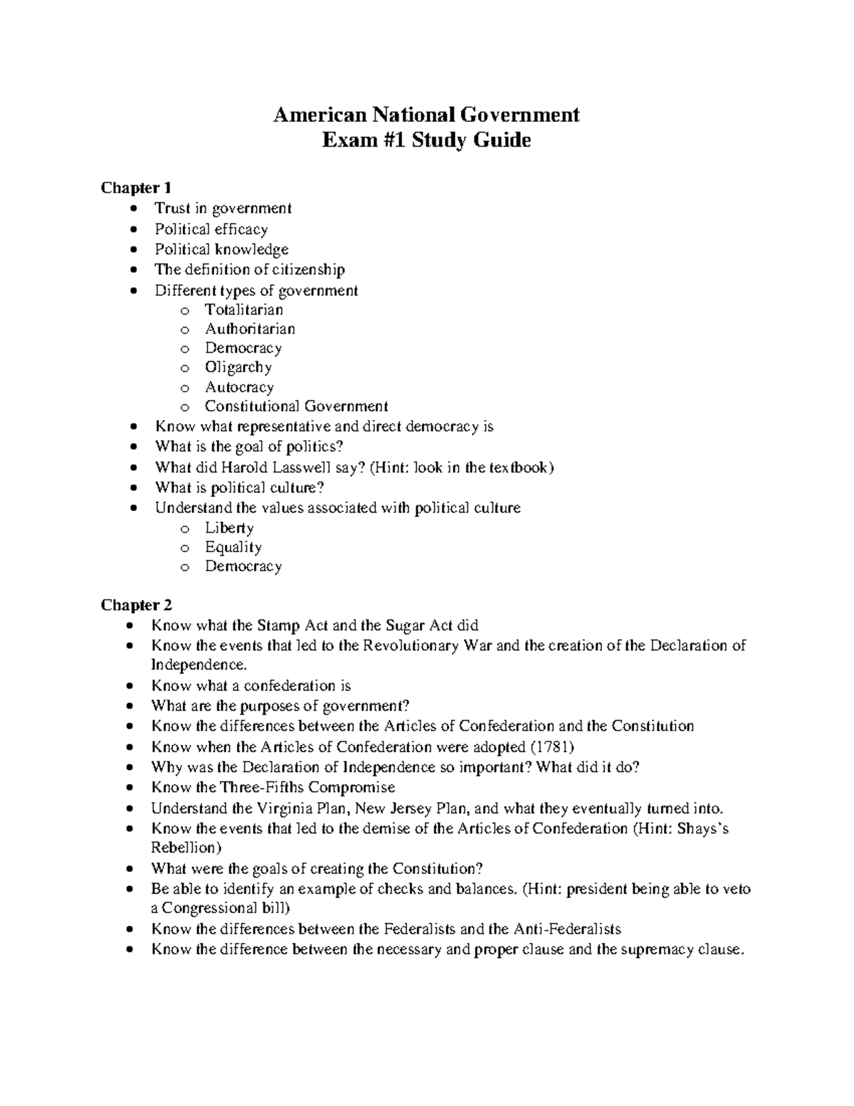 Exam #1 Study Guide - American National Government Exam #1 Study Guide ...